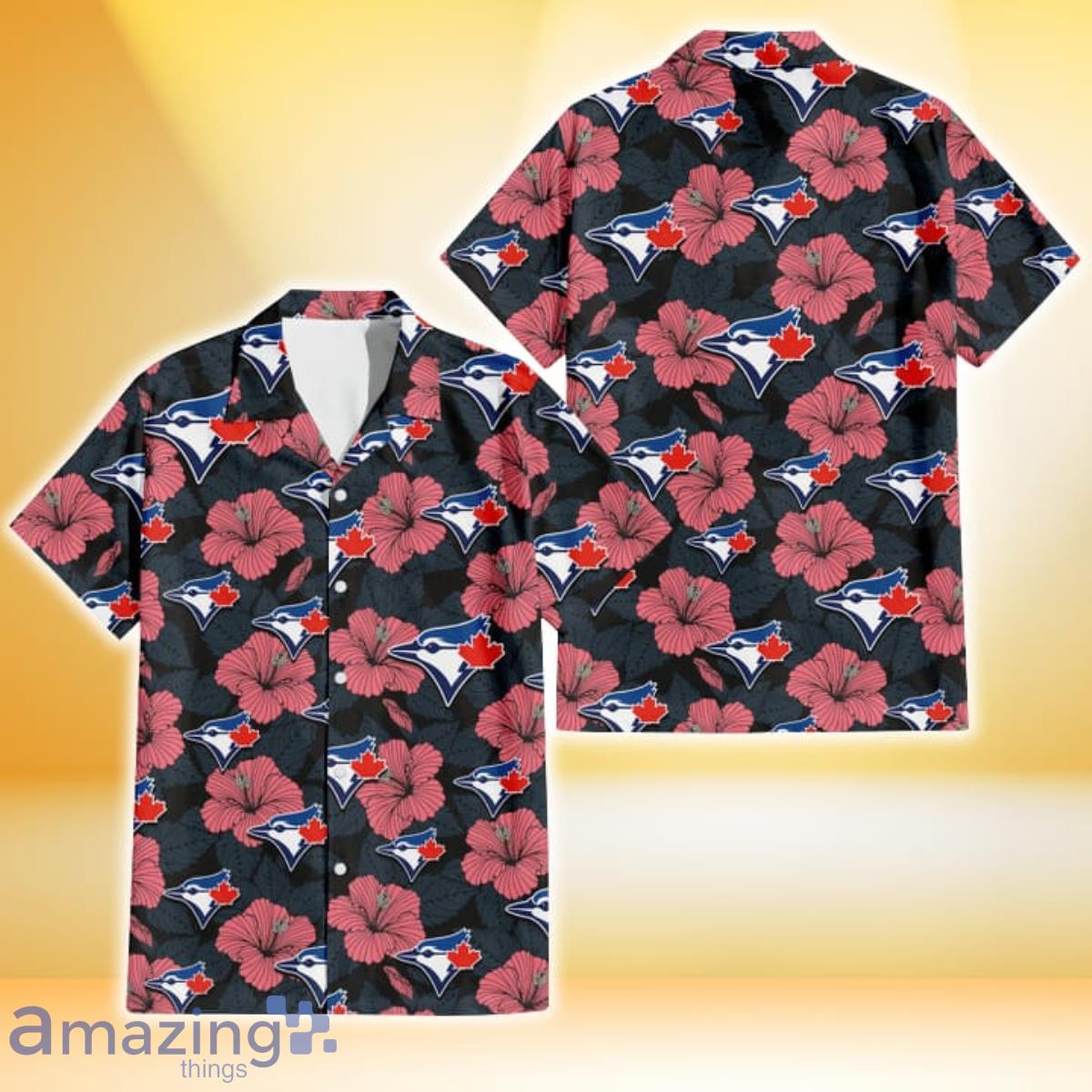 Toronto Blue Jays Light Coral Hibiscus Gray Leaf Black Background 3D Hawaiian Shirt Gift For Fans Product Photo 1