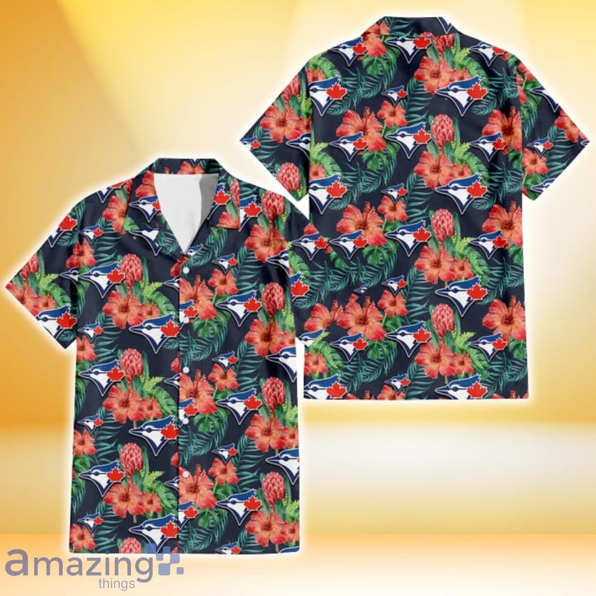 Toronto Blue Jays Orange Hibiscus Green Tropical Leaf Dark Background 3D Hawaiian Shirt Gift For Fans Product Photo 1
