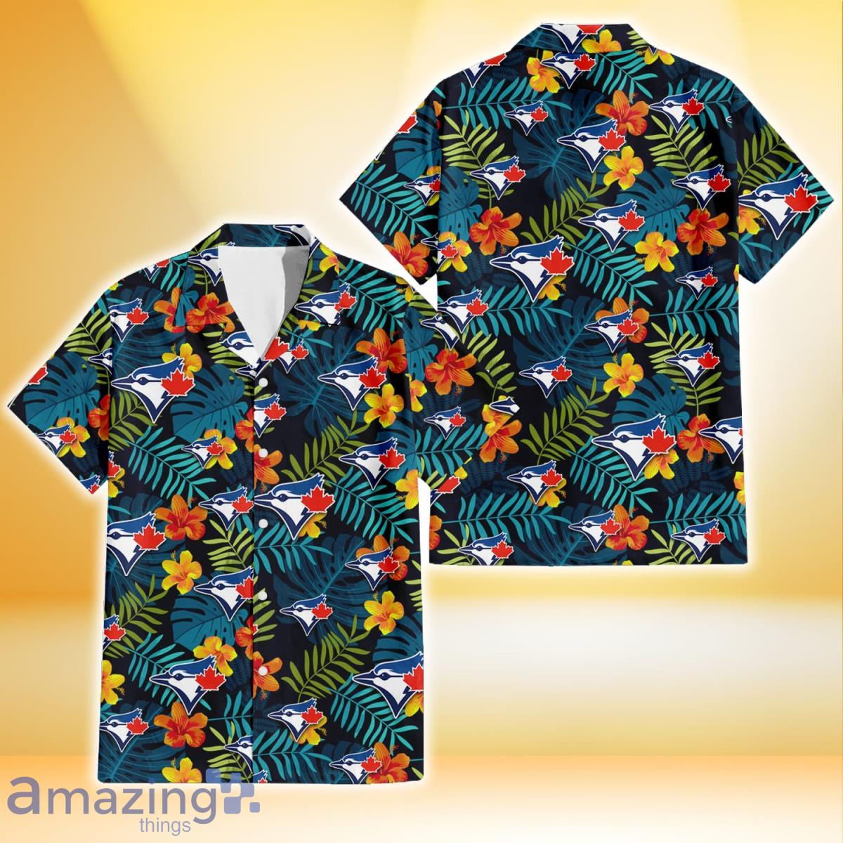 Toronto Blue Jays Orange Yellow Green Leaf Black Background 3D Hawaiian Shirt Gift For Fans Product Photo 1