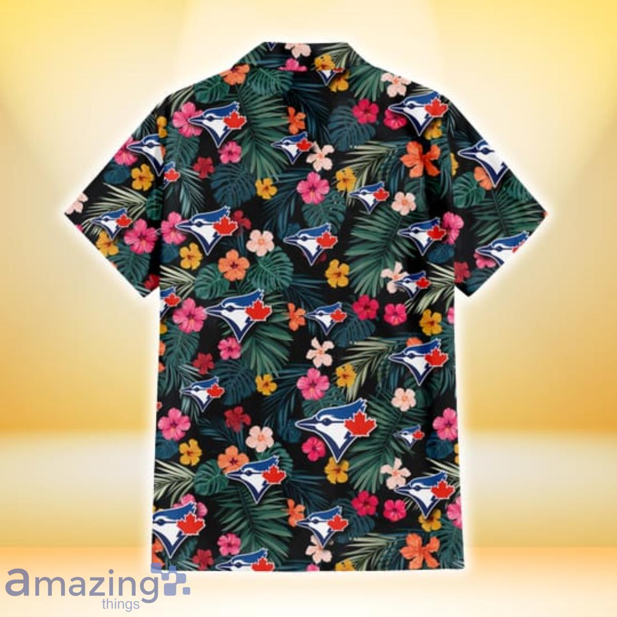 Toronto Blue Jays Pink Yellow Orange Hibiscus Big Tropical Leaf Back Background 3D Hawaiian Shirt Gift For Fans image Toronto Blue Jays Pink Yellow Orange Hibiscus Big Tropical Leaf Back Background 3D Hawaiian Shirt Gift For Fans Product Photo 3