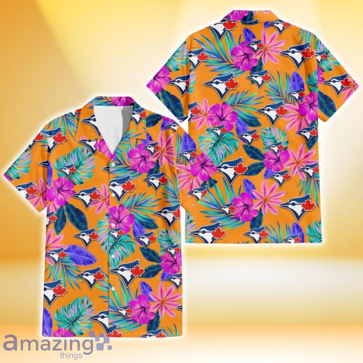 Toronto Blue Jays Purple Hibiscus Neon Leaf Orange Background 3D Hawaiian Shirt Gift For Fans Product Photo 1
