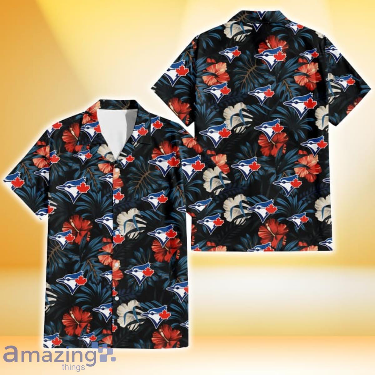 Toronto Blue Jays Red And White Hibiscus Dark Leaf Black Background 3D Hawaiian Shirt Gift For Fans Product Photo 1