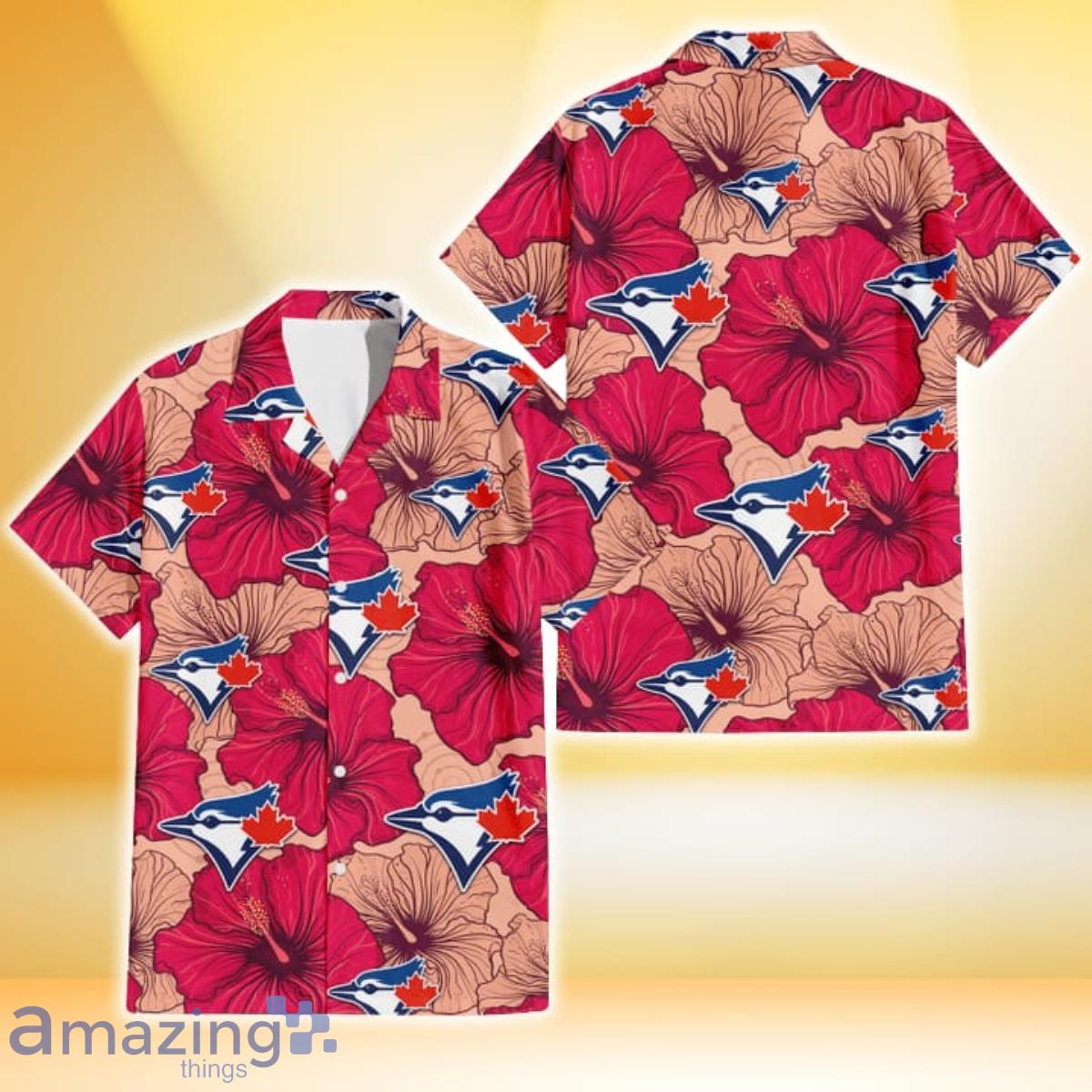 Toronto Blue Jays Red Beige Hibiscus Beige Background 3D Hawaiian Shirt Gift For Fans Product Photo 1