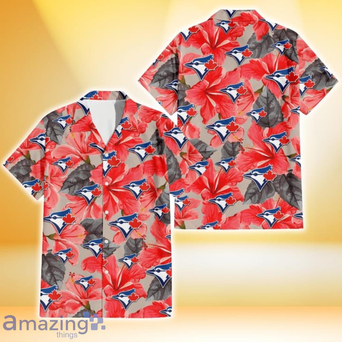 Toronto Blue Jays Red Hibiscus Gray Leaf Beige Background 3D Hawaiian Shirt Gift For Fans Product Photo 1