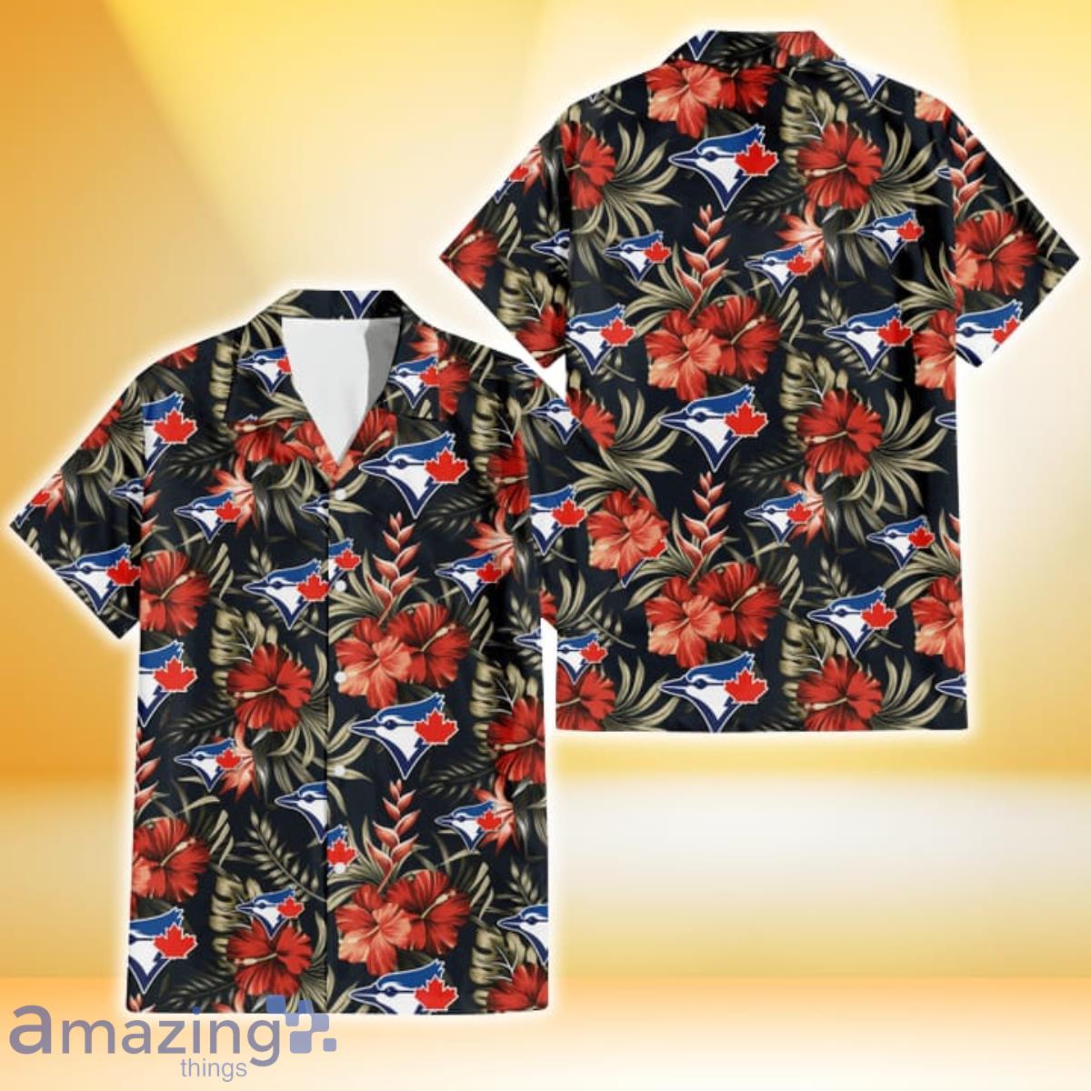 Toronto Blue Jays Red Hibiscus Green Leaf Dark Background 3D Hawaiian Shirt Gift For Fans Product Photo 1