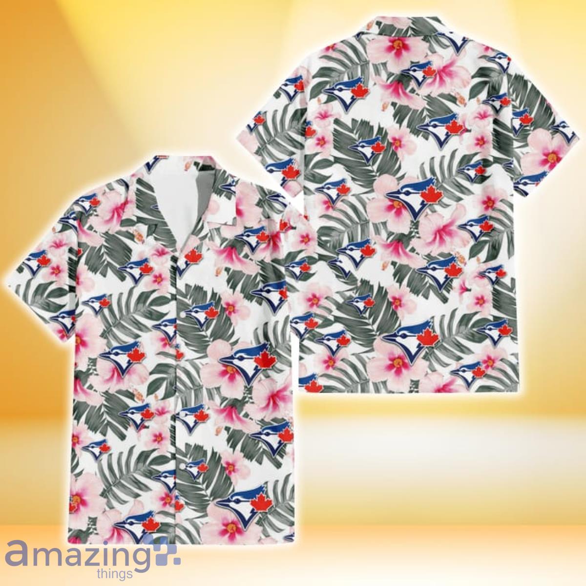 Toronto Blue Jays White Hibiscus Green Leaf White Background 3D Hawaiian Shirt Gift For Fans Product Photo 1