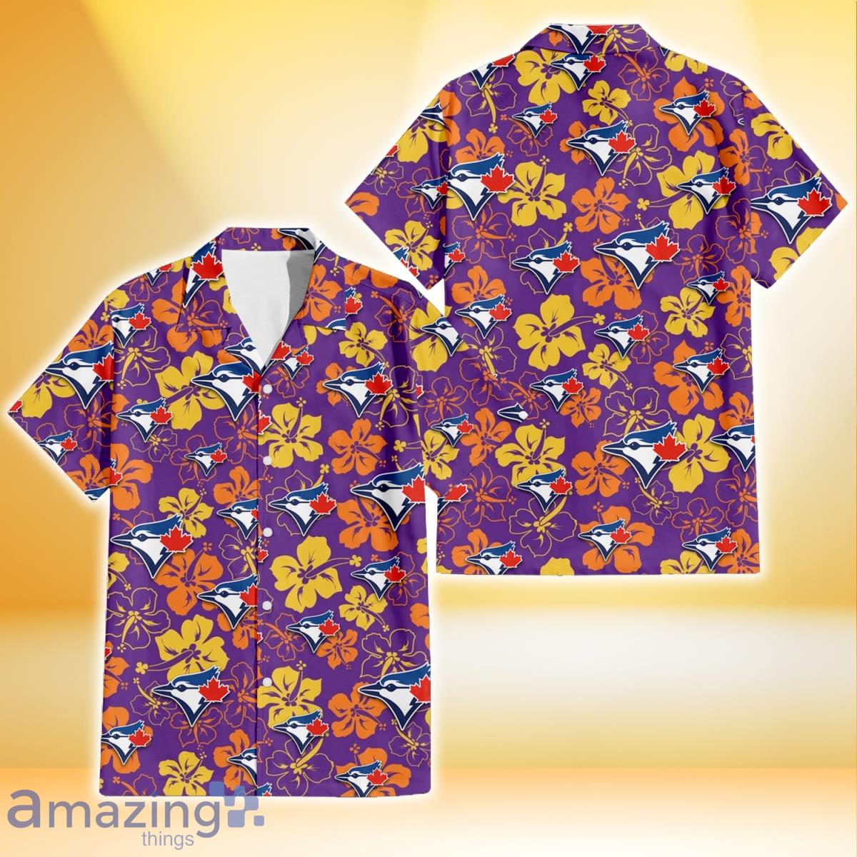 Toronto Blue Jays Yellow And Orange Hibiscus Purple Background 3D Hawaiian Shirt Gift For Fans Product Photo 1