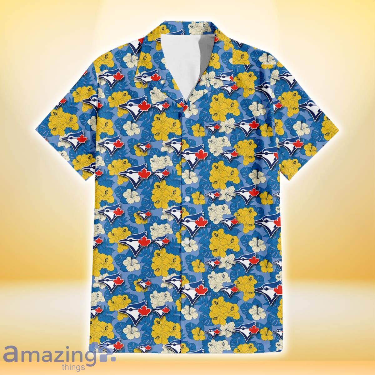 Toronto Blue Jays Yellow White Hibiscus Powder Blue Background 3D Hawaiian Shirt Gift For Fans image Toronto Blue Jays Yellow White Hibiscus Powder Blue Background 3D Hawaiian Shirt Gift For Fans Product Photo 2