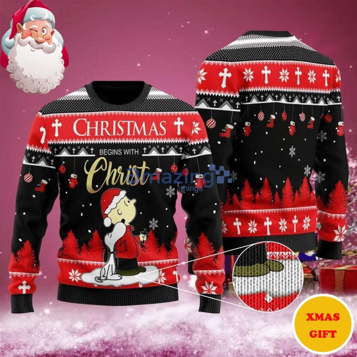 Christmas Begins With Christ Charlie Brown Snoopy Christmas AOP Sweater Product Photo 1