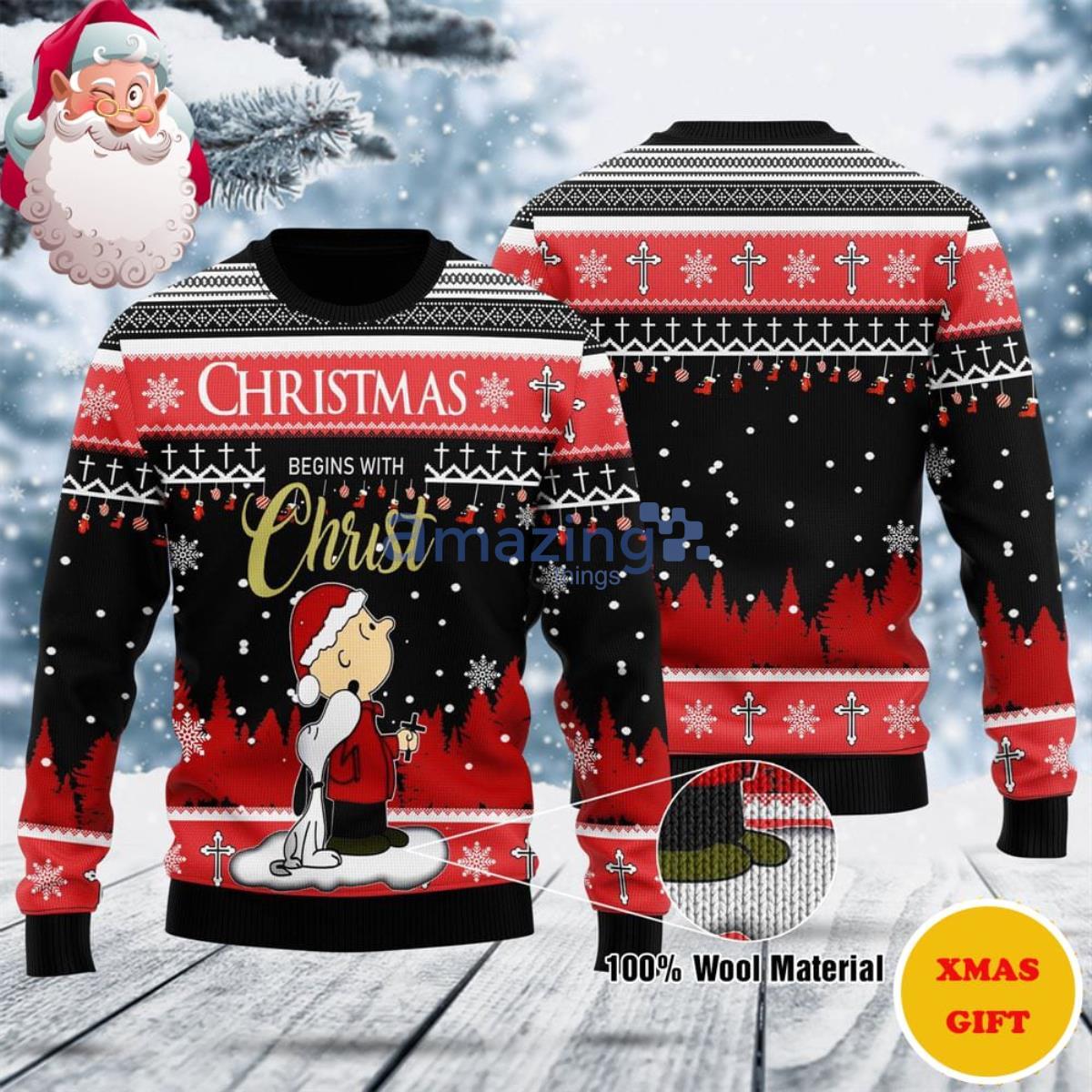 Christmas Begins With Christ Snoopy Christmas AOP Sweater Product Photo 1