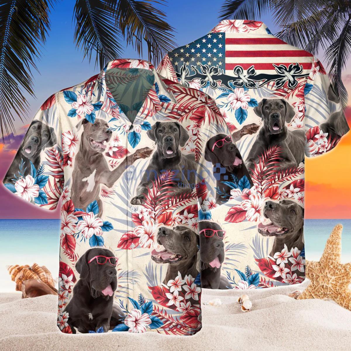 Great Dane Dog United States Flag Hawaiian Flowers Hawaiian Shirt Product Photo 1