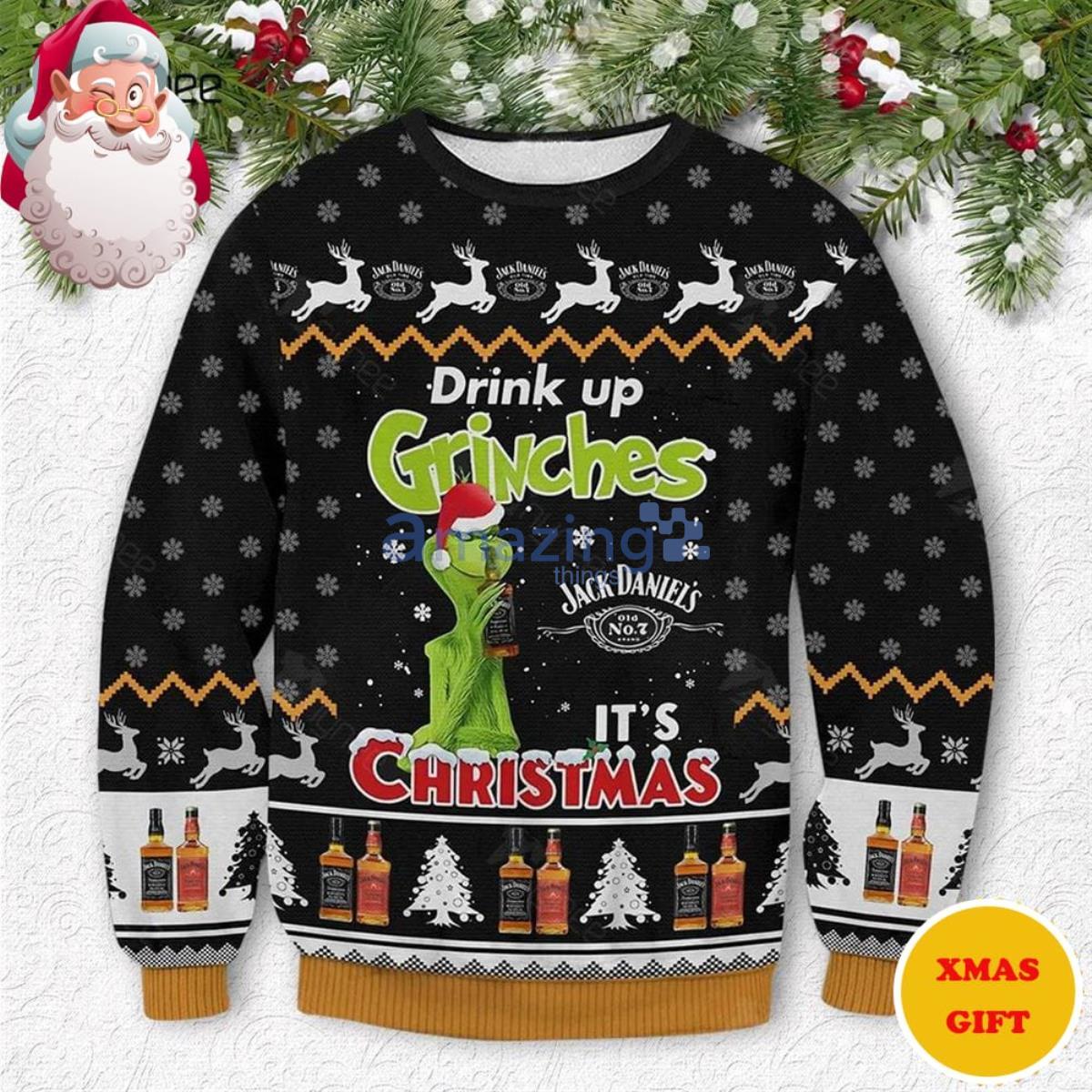 Grinch Jack Daniel’s Drink Up Christmas AOP Sweater Product Photo 1