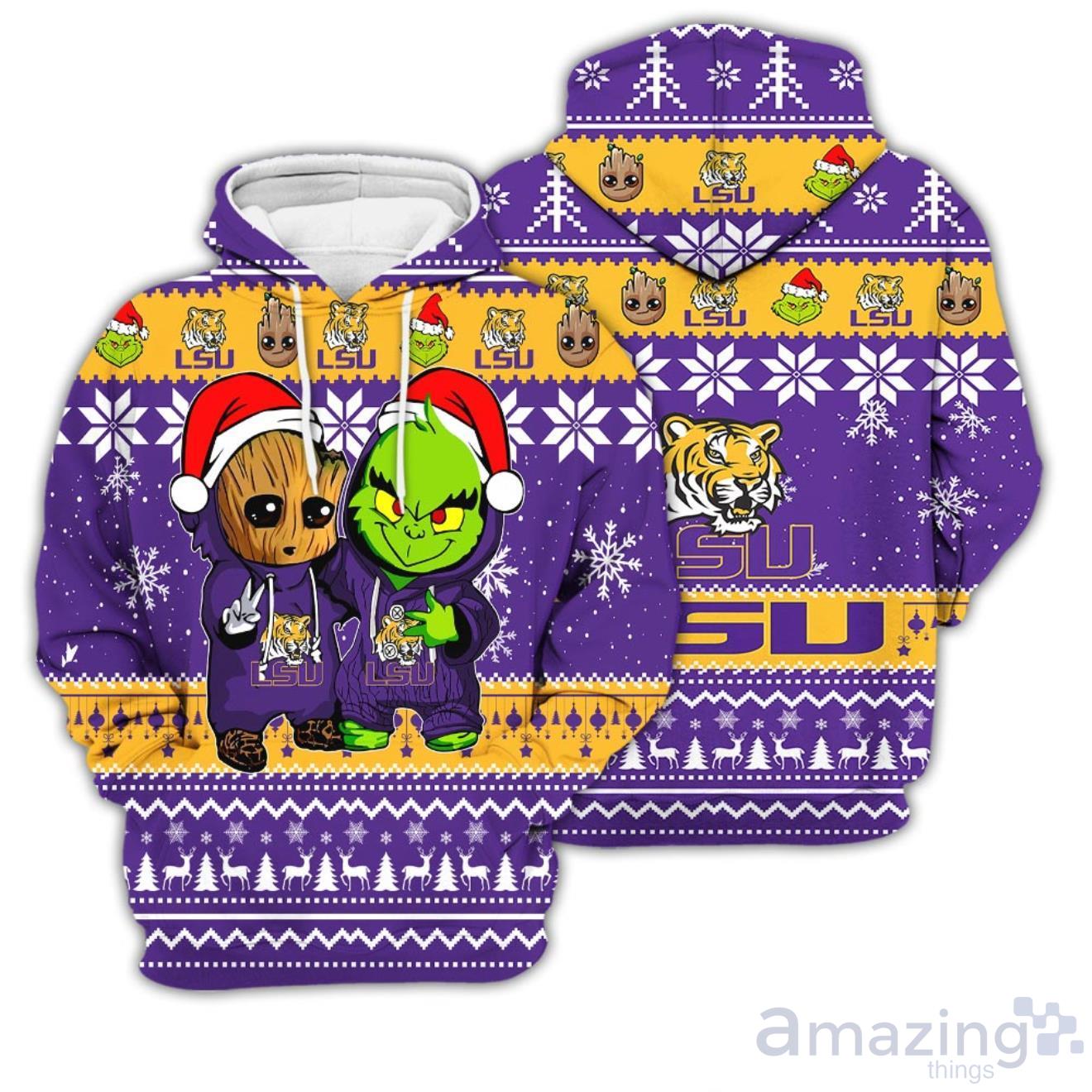 LSU Tigers Baby Groot And Grinch Best Friends 3D Hoodie Christmas Sweater Product Photo 1