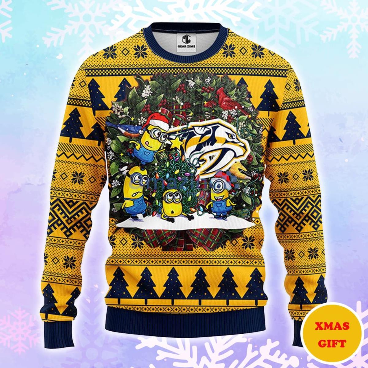 Nashville Predators Minion Christmas AOP Sweater Product Photo 1