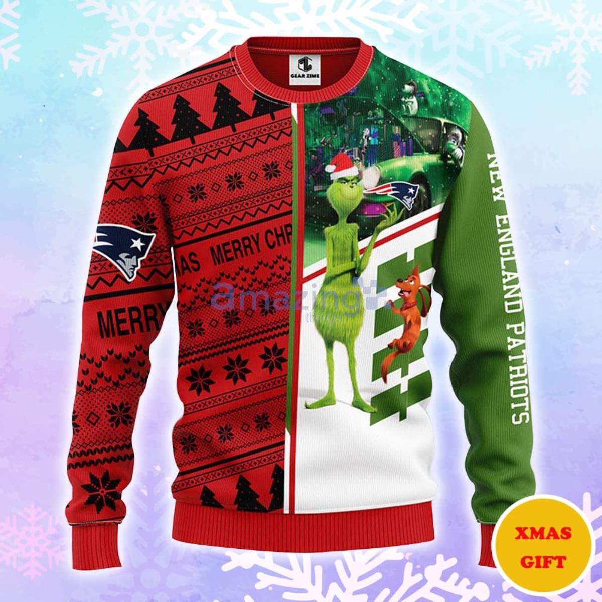 New England Patriots Grinch & Scooby-Doo Christmas AOP Sweater Product Photo 1