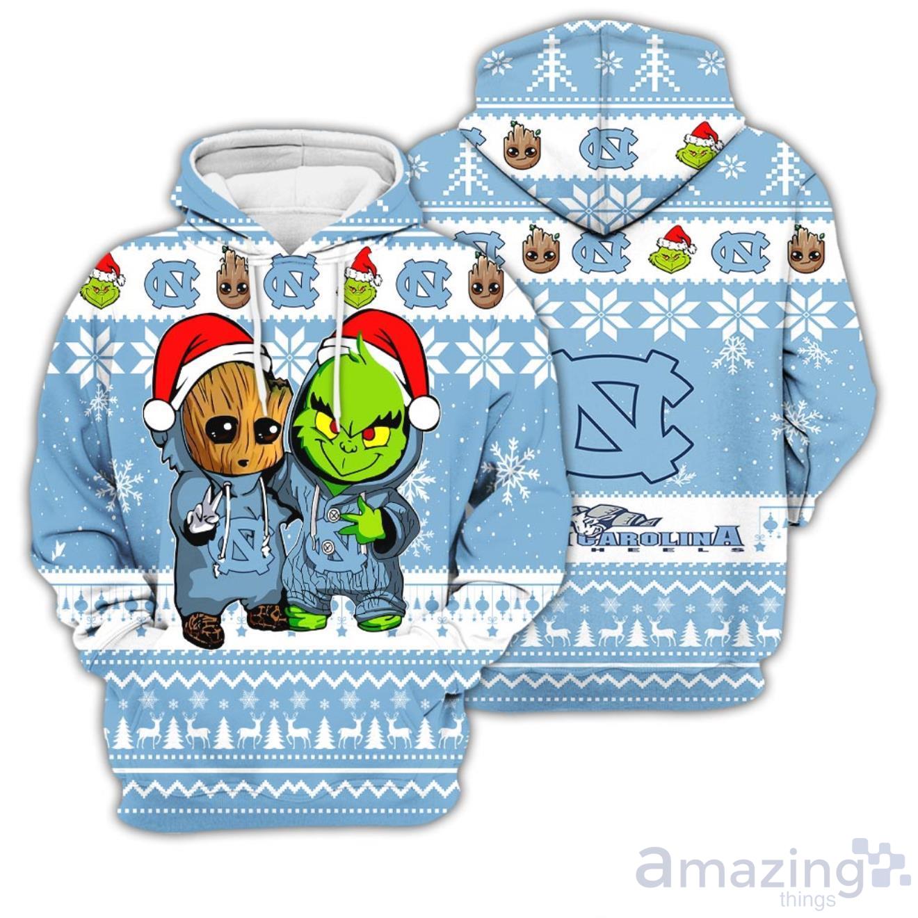 North Carolina Tar Heels Baby Groot And Grinch Best Friends 3D Hoodie Christmas Sweater Product Photo 1