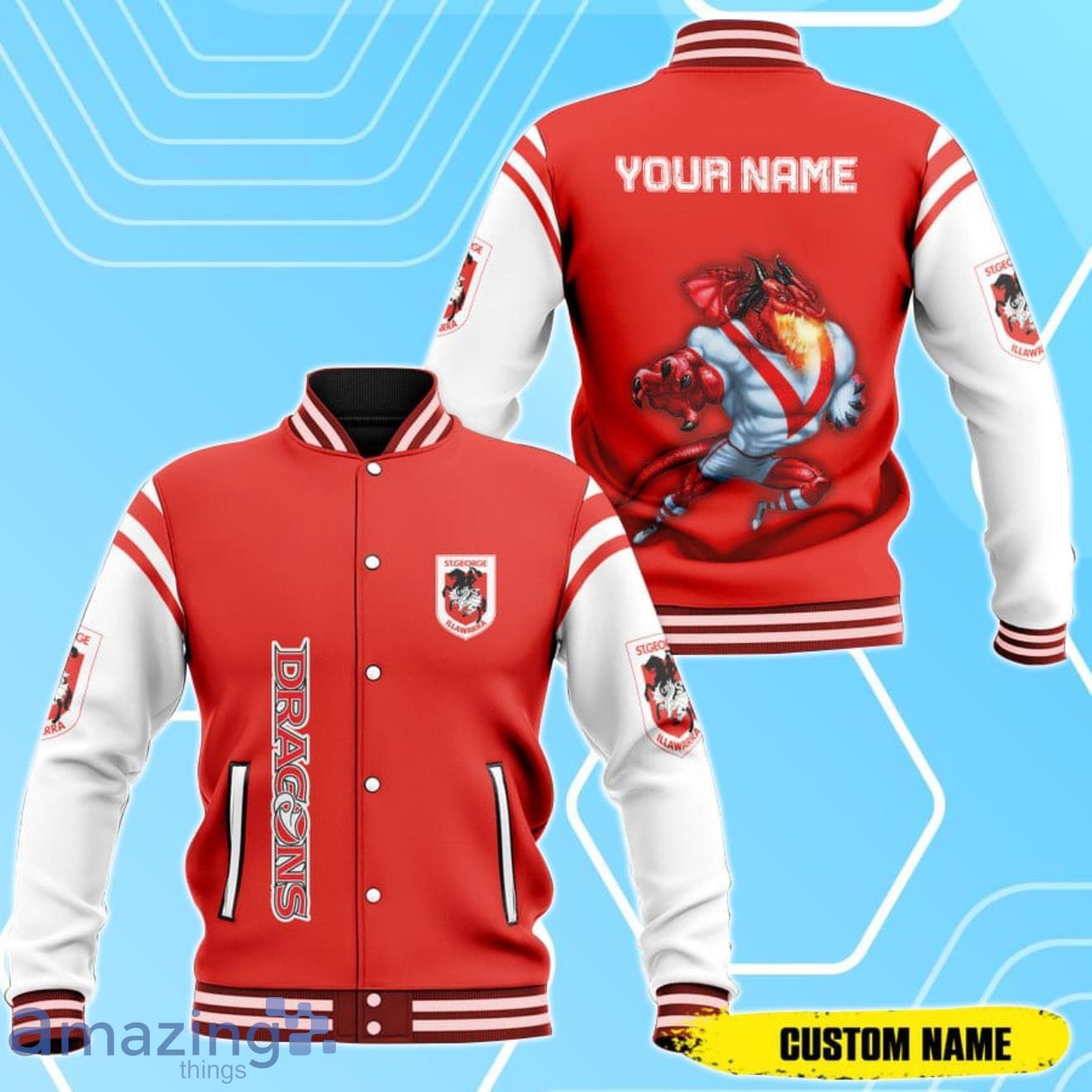 NRL St George Illawarra Dragons Baseball Jacket Custom Name For Fans Product Photo 1 NRL St George Illawarra Dragons Baseball Jacket Custom Name For Fans Product Photo 1