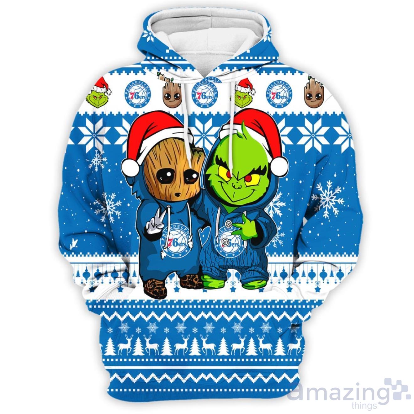 Philadelphia 76ers Baby Groot And Grinch Best Friends 3D Hoodie Christmas Sweater image Philadelphia 76ers Baby Groot And Grinch Best Friends 3D Hoodie Christmas Sweater Product Photo 2