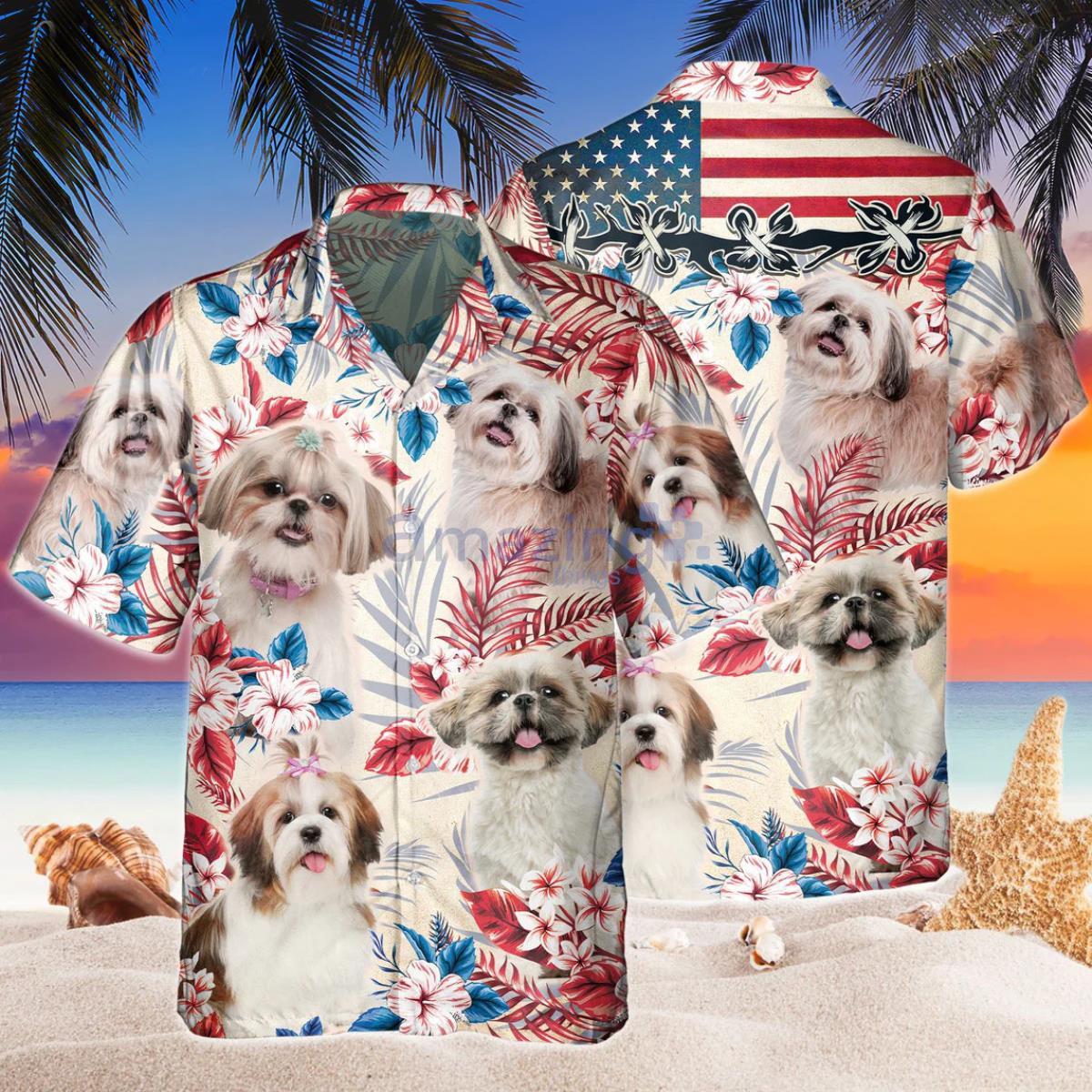 Shih Tzu Dog United States Flag Hawaiian Flowers Hawaiian Shirt Product Photo 1