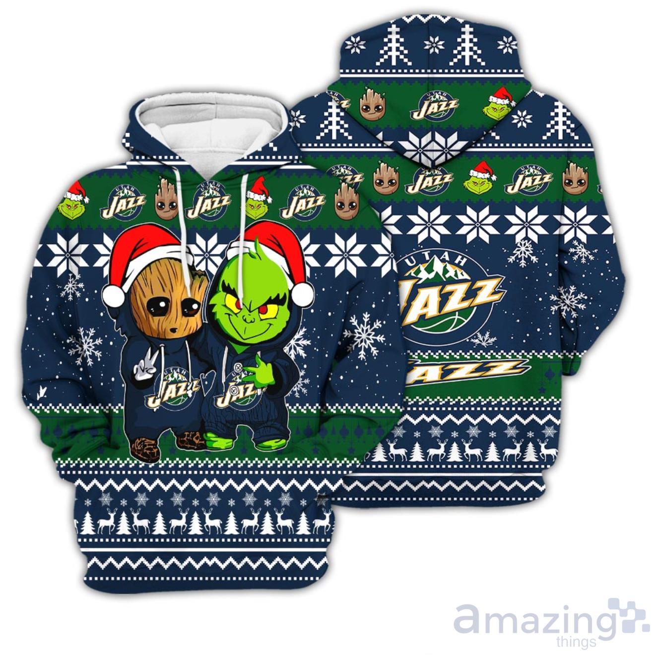 Utah Jazz Baby Groot And Grinch Best Friends 3D Hoodie Christmas Sweater Product Photo 1