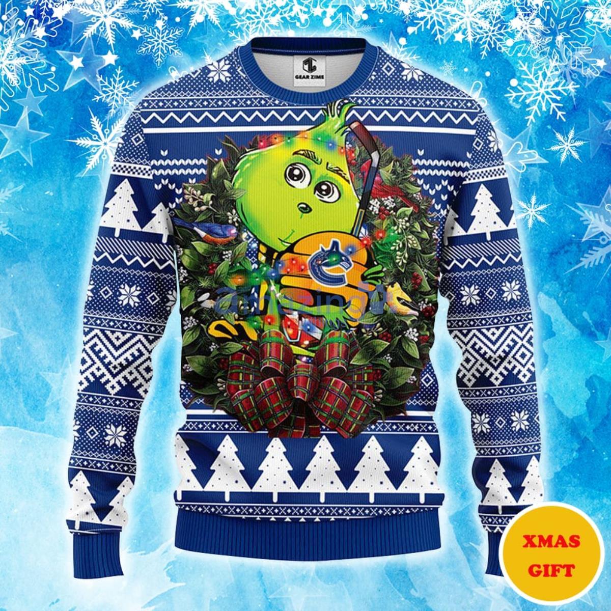 Vancouver Canucks Grinch Hug Christmas AOP Sweater Product Photo 1
