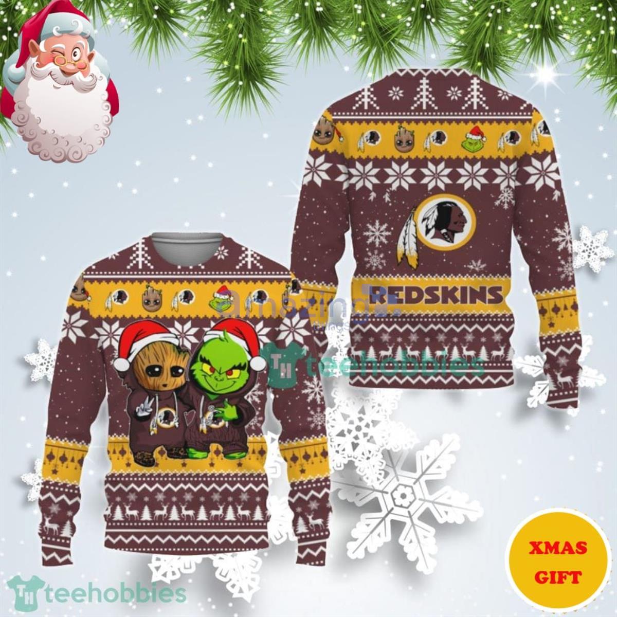 Washington Redskins Baby Groot And Grinch Best Friends Christmas AOP Sweater