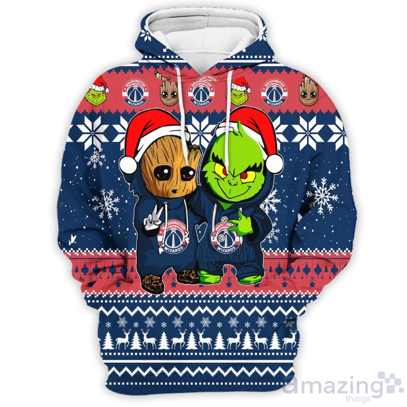 Washington Redskins Baby Groot And Grinch Best Friends 3D Hoodie Christmas  Sweater