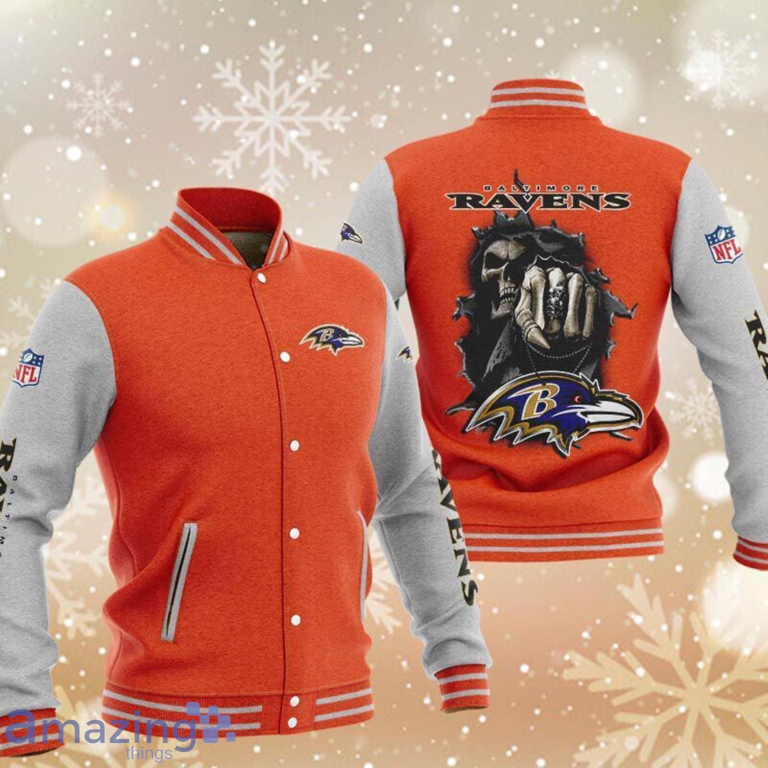 Baltimore Ravens Death Full Print Orange Baseball Jacket Product Photo 1