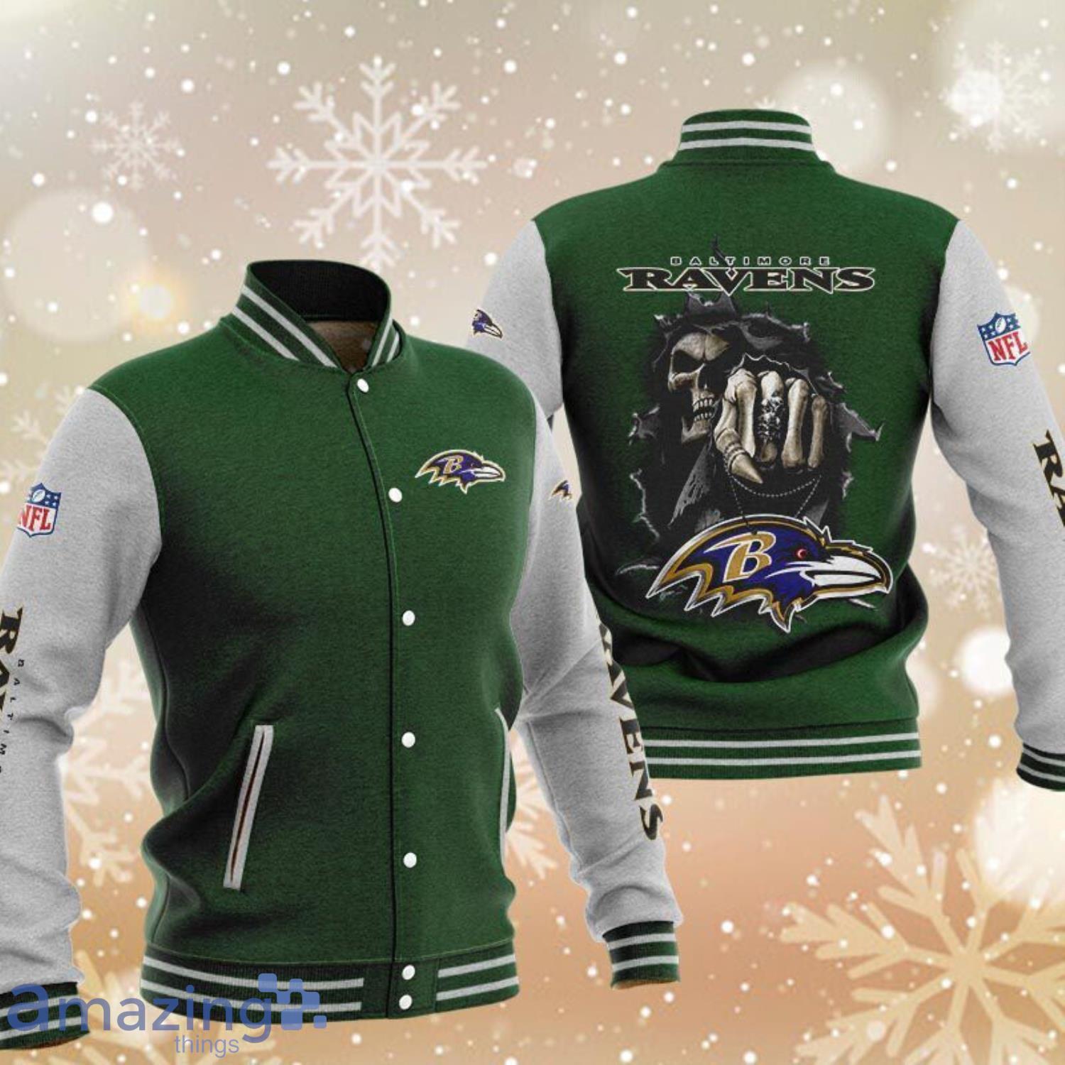 Baltimore Ravens Death Full Print White Green Baseball Jacket Product Photo 1