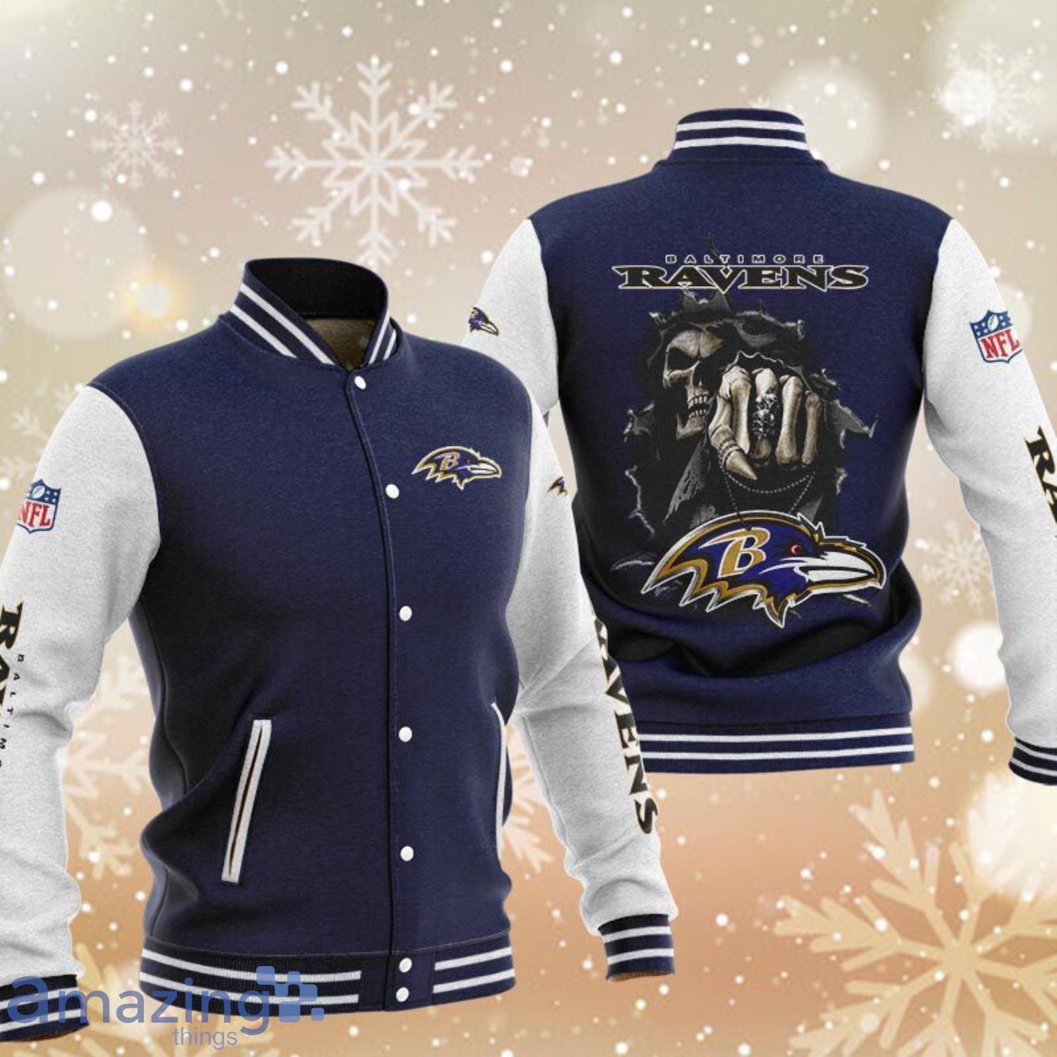 Baltimore Ravens Death Full Print White Navy Baseball Jacket Product Photo 1