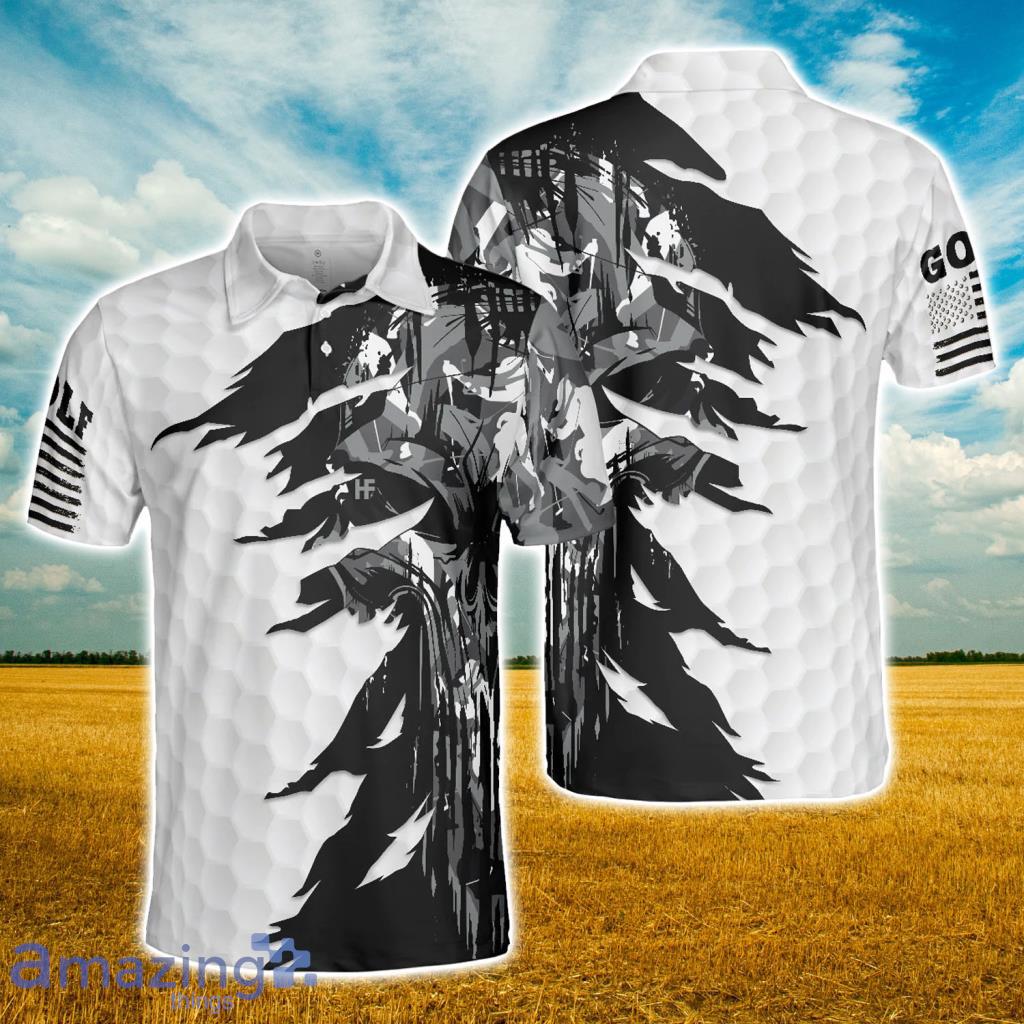 Black _ White Ripped Vintage Golfing Clubs Skull Camouflage  Polo Shirt - Black _ White Ripped Vintage Golfing Clubs Skull Camouflage  Polo Shirt