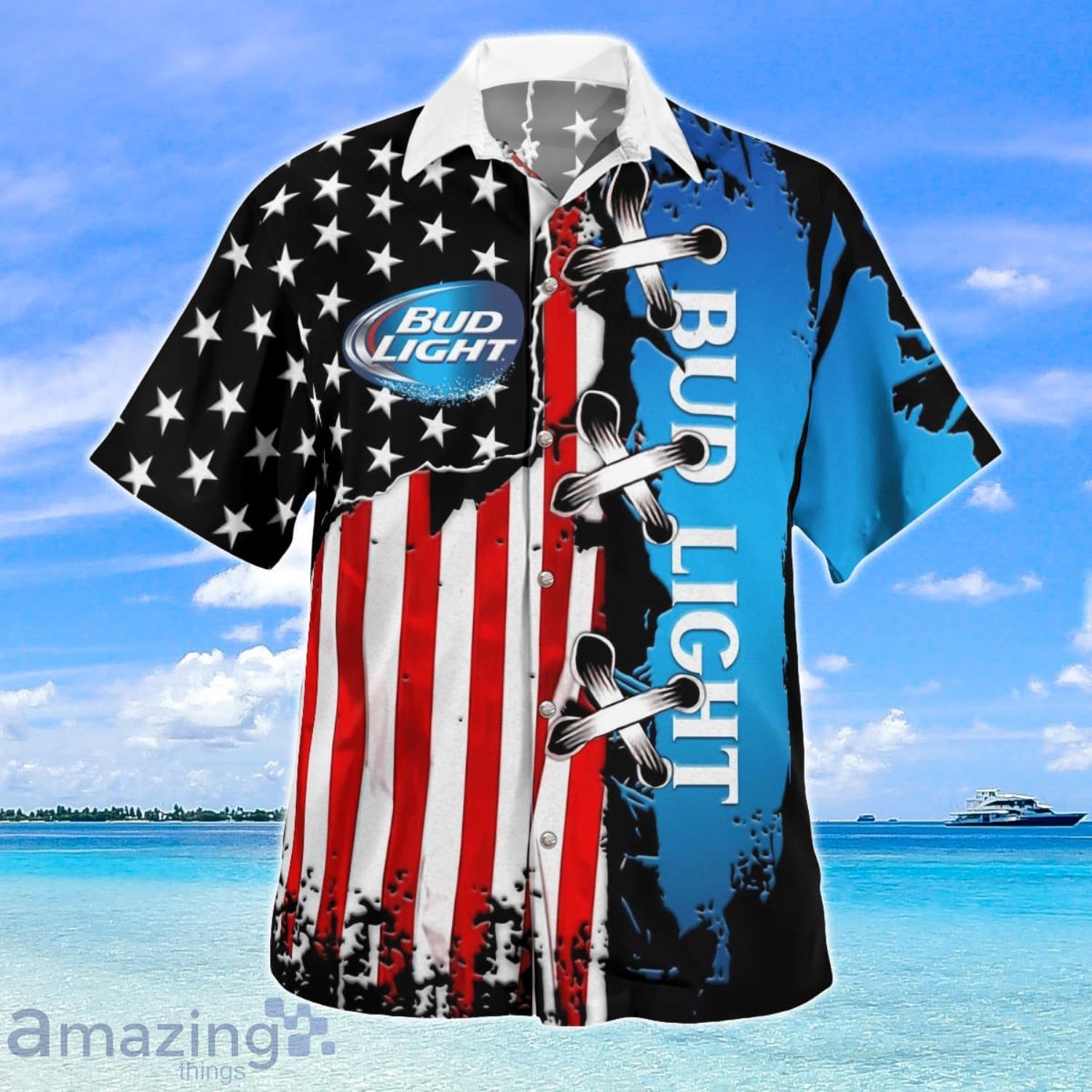 Bud Light American Flag Hawaiian Shirt image Bud Light American Flag Hawaiian Shirt Product Photo 2