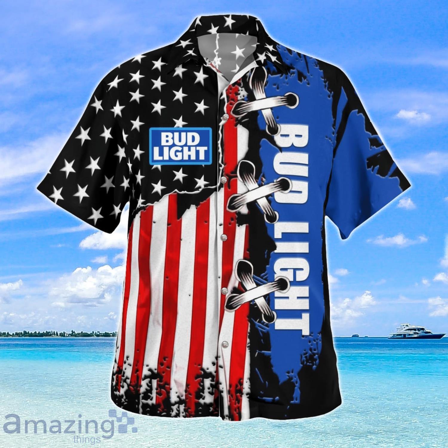 Bud Light Blue Hawaiian Shirt American Flag Pattern image Bud Light Blue Hawaiian Shirt American Flag Pattern Product Photo 2