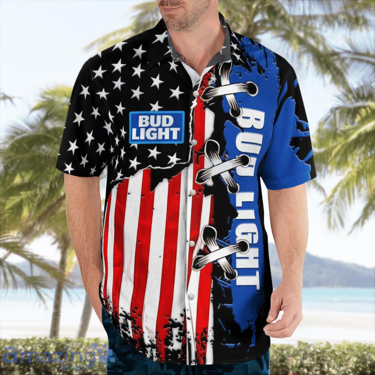 Bud Light Blue Hawaiian Shirt American Flag Pattern image Bud Light Blue Hawaiian Shirt American Flag Pattern Product Photo 3