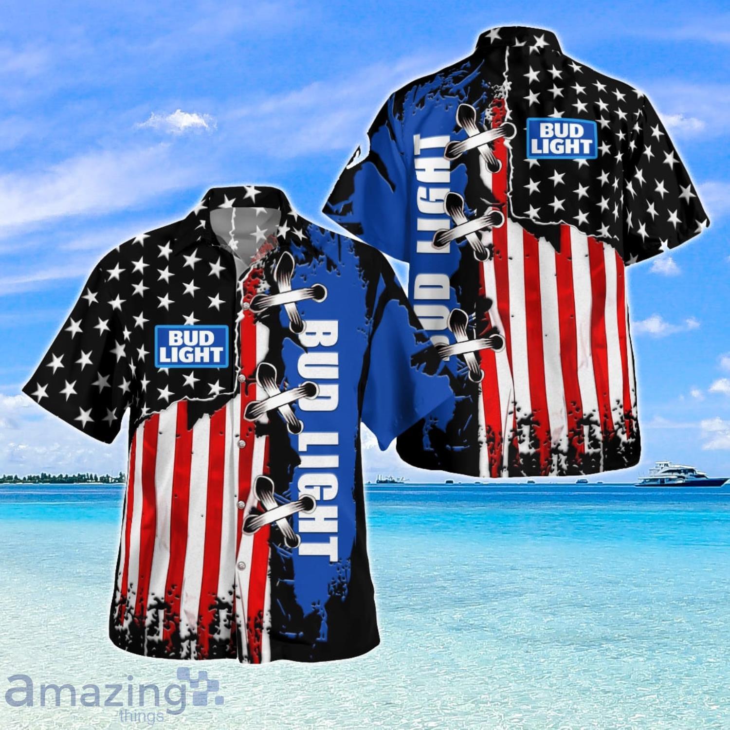 Bud Light Blue Hawaiian Shirt American Flag Pattern Product Photo 1