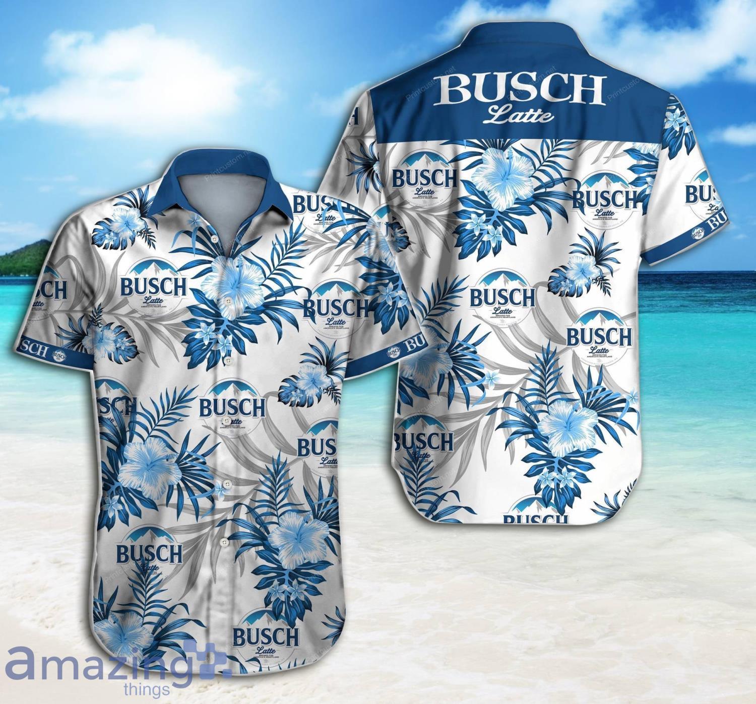 Busch Latte Tropical Pattern White Short Sleeve Hawaiian Shirt And Short Product Photo 1