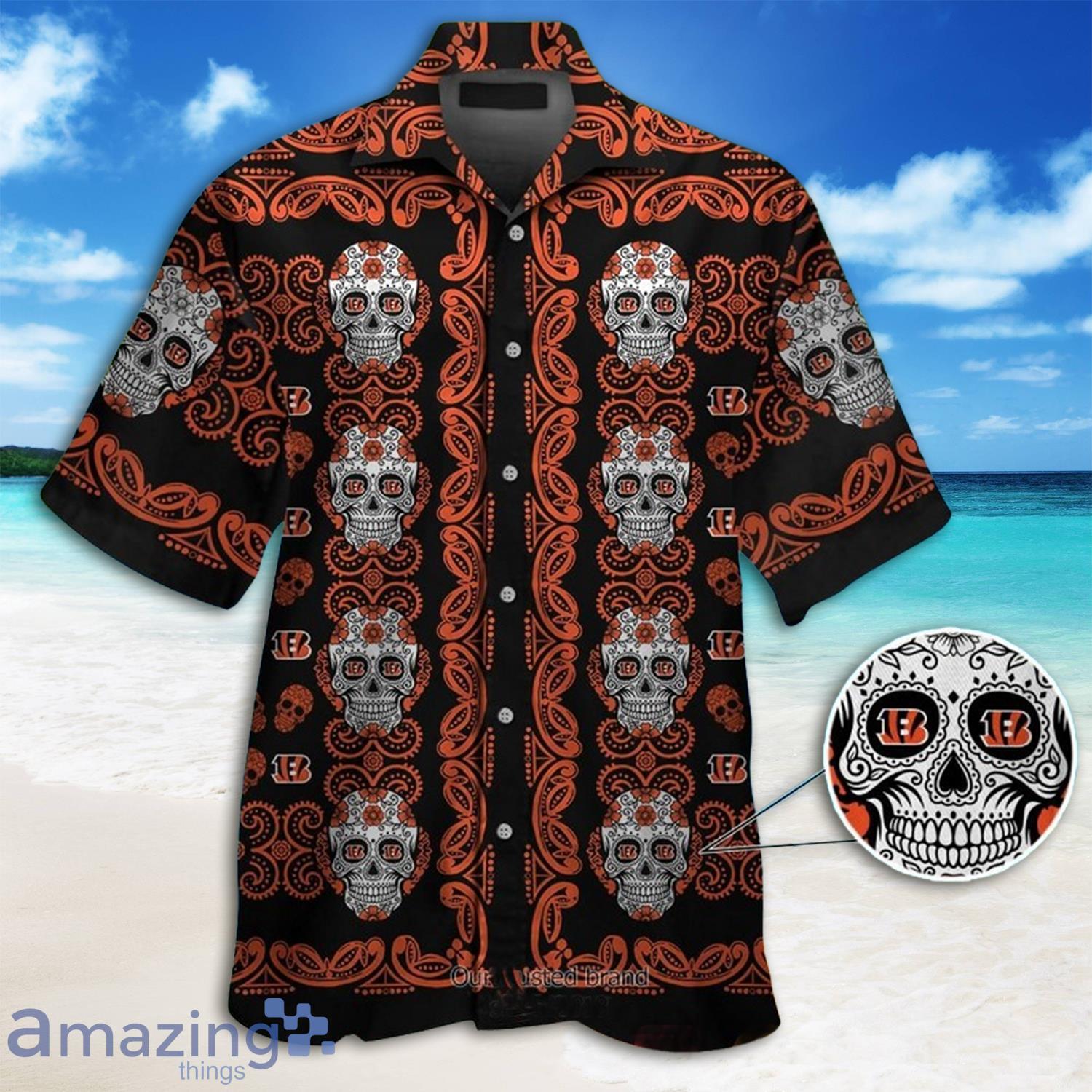 Cincinnati Bengals Sugar Skull Pattern Black Hawaiian Shirt And Short Product Photo 1