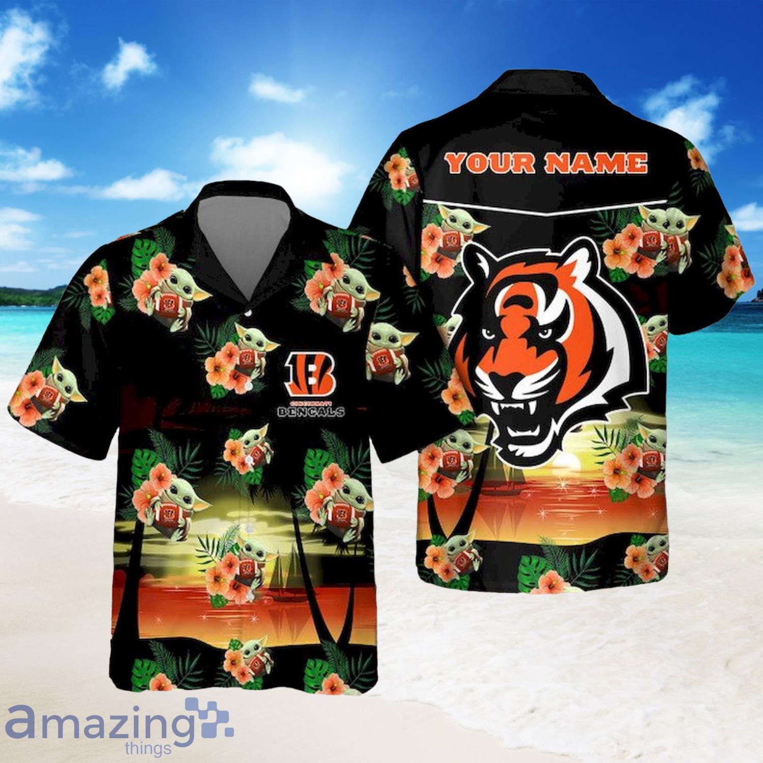 Custom Name Cincinnati Bengals Baby Yoda And Flowers Pattern Hawaiian Shirt Product Photo 1