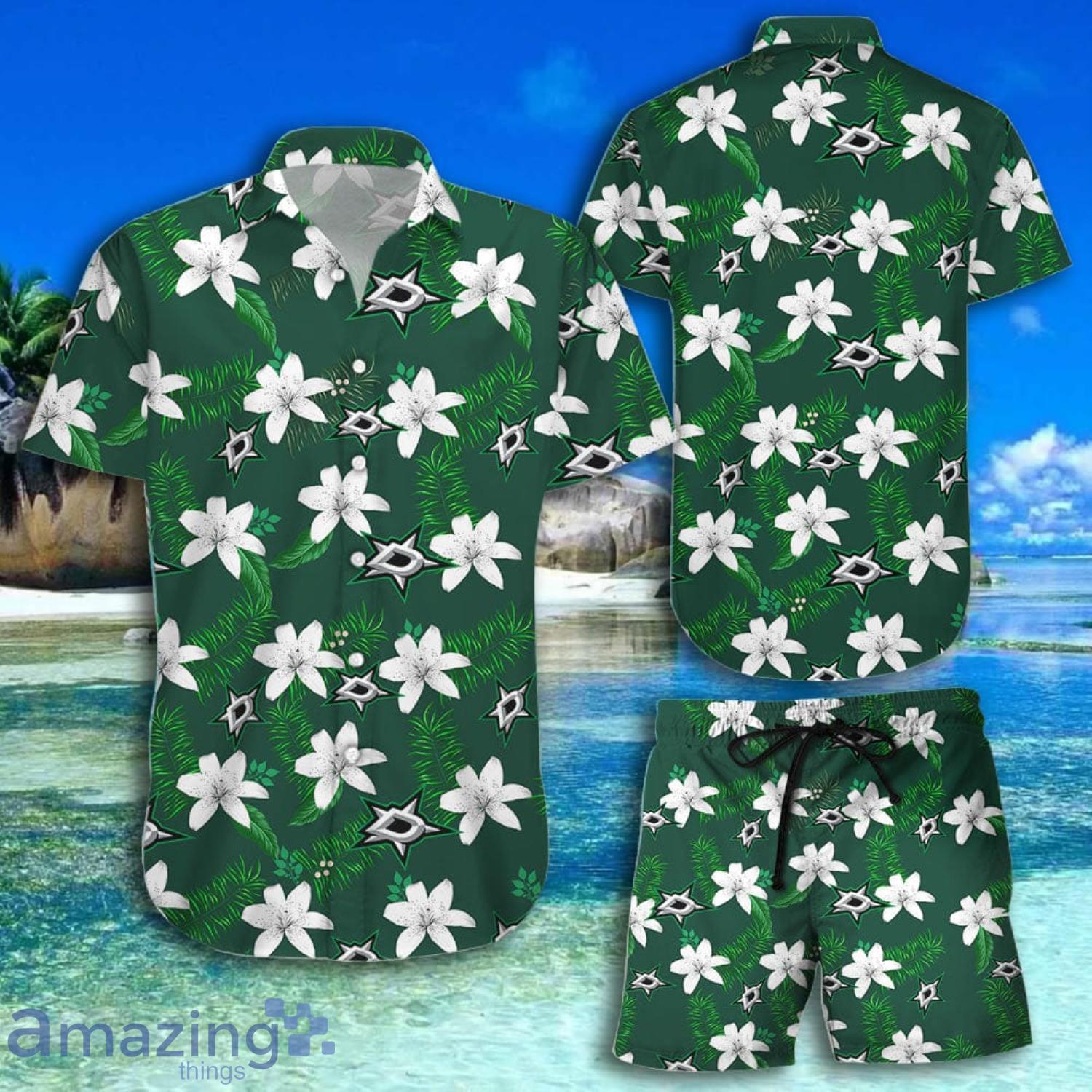 Dallas Stars All Over Print White Flowers Green Leaves Short Sleeve Hawaiian Shirt And Short Product Photo 1