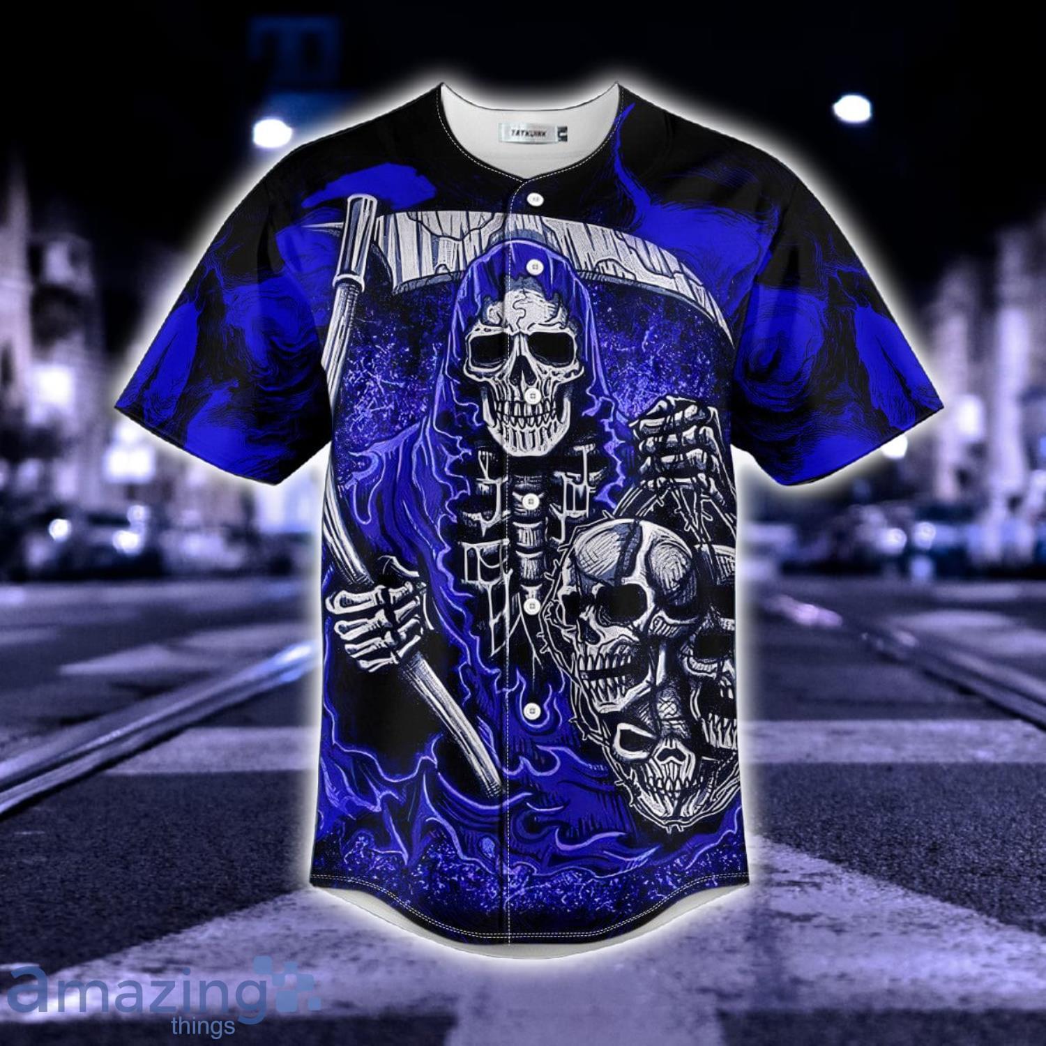 Dark Blue Fatal Shears Grim Reaper Skull - Skull Baseball Jersey