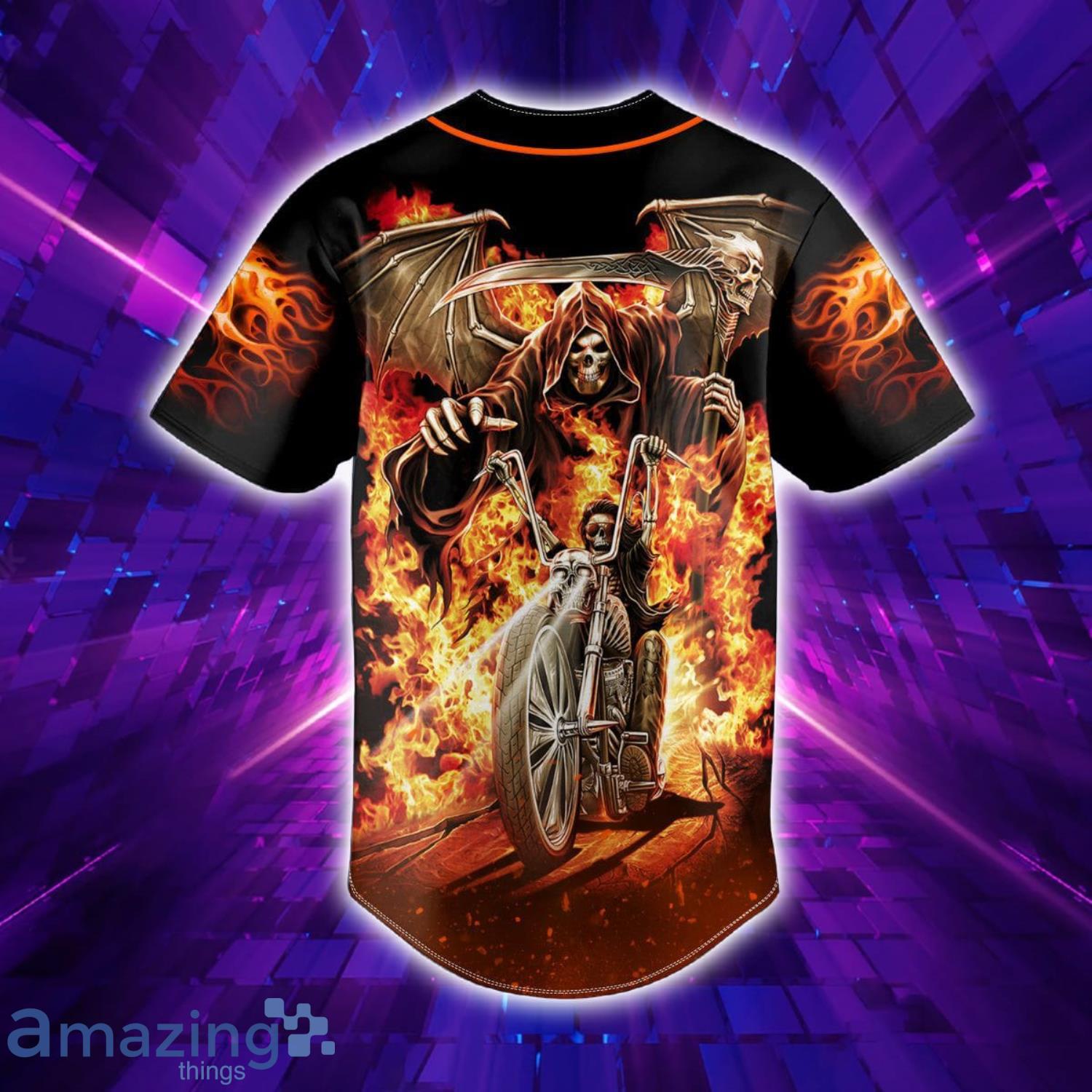 Dead Racer Ghost Rider Fire Skull Custom Name All Over Print Baseball Jersey Shirt image Dead Racer Ghost Rider Fire Skull Custom Name All Over Print Baseball Jersey Shirt Product Photo 4