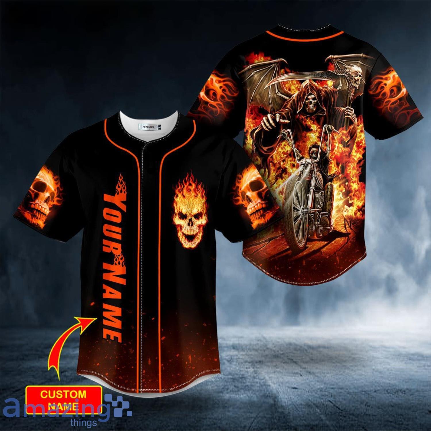 Dead Racer Ghost Rider Fire Skull Custom Name All Over Print Baseball Jersey Shirt image Dead Racer Ghost Rider Fire Skull Custom Name All Over Print Baseball Jersey Shirt Product Photo 5