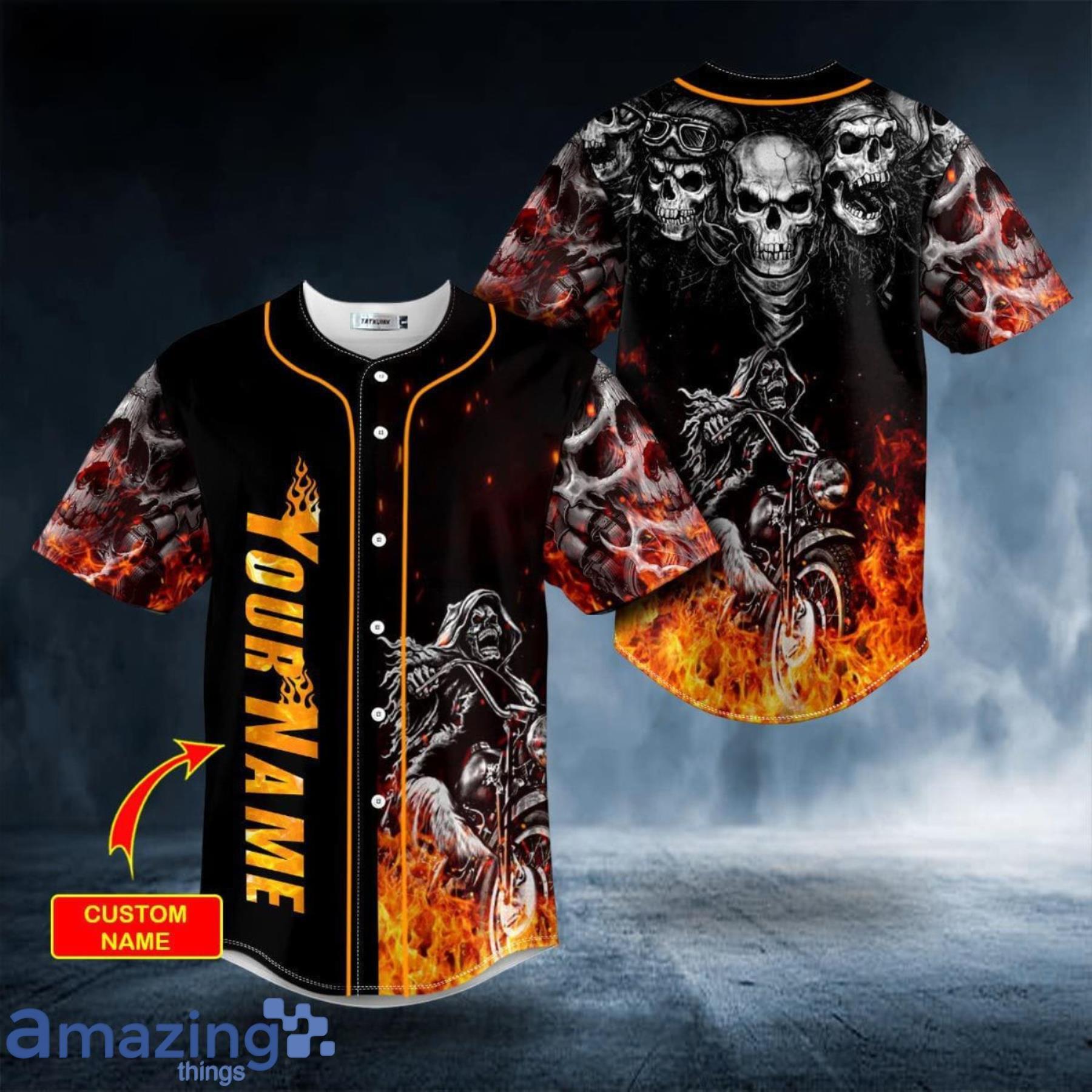 Fire Ghost Rider Biker Skull Custom Name All Over Print Baseball Jersey Shirt Product Photo 1