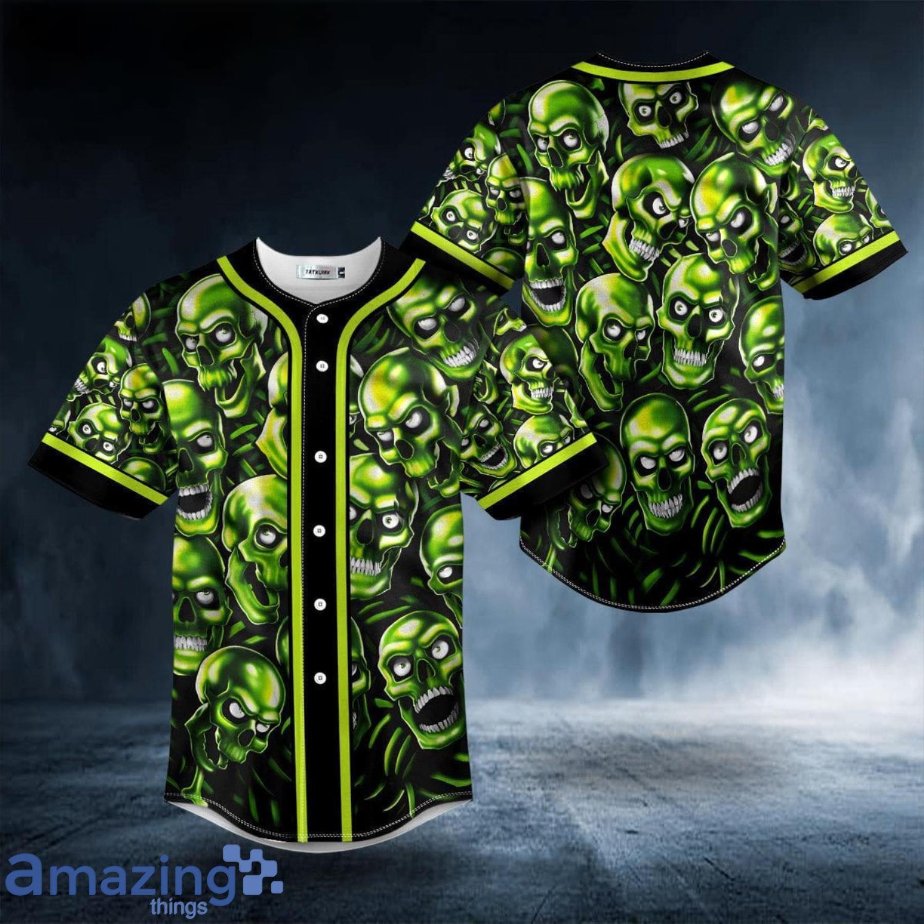 Green Pile Skull All Over Print Baseball Jersey Shirt Product Photo 1