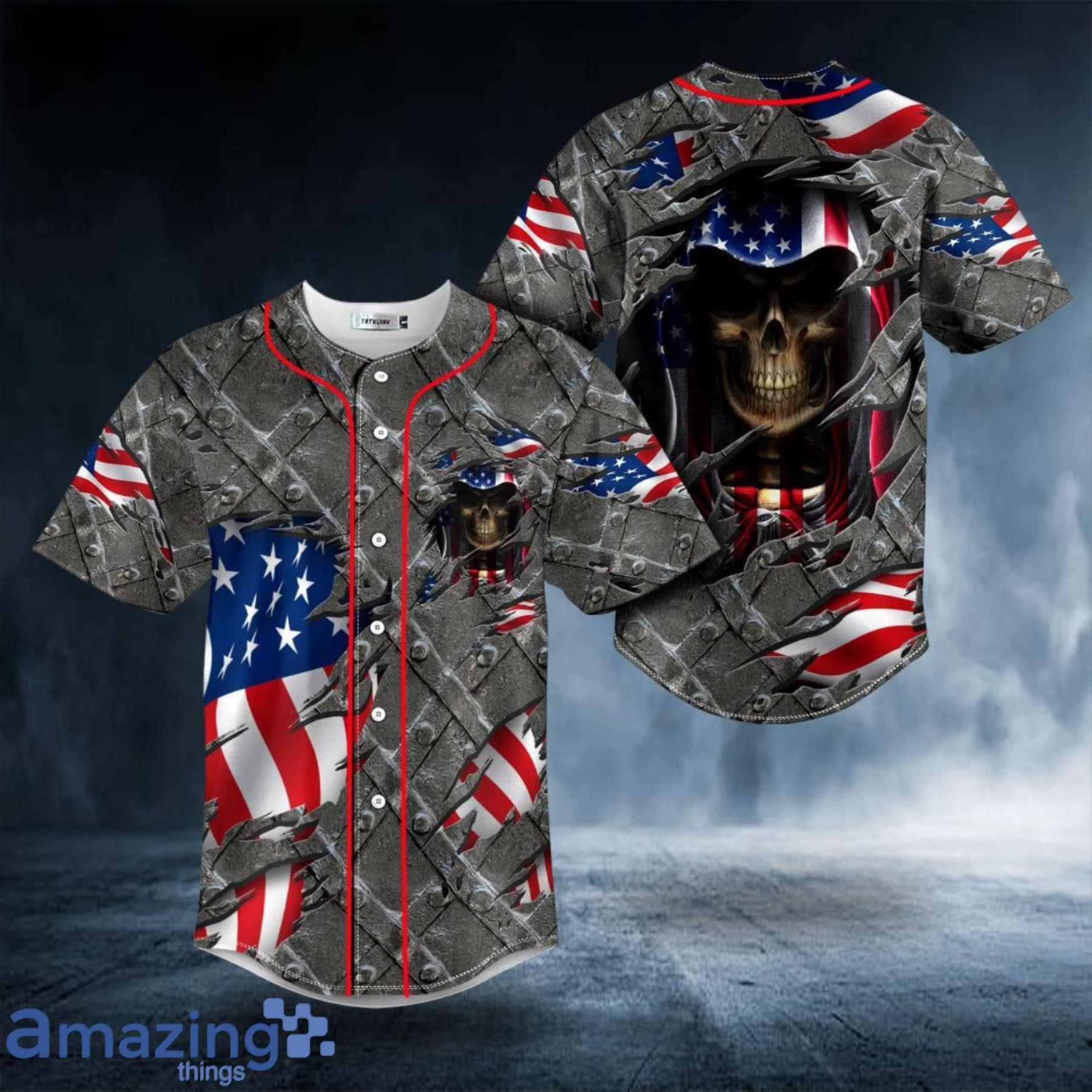 Grim Reaper American Flag Patriotic Skull All Over Print Baseball Jersey Shirt Product Photo 1