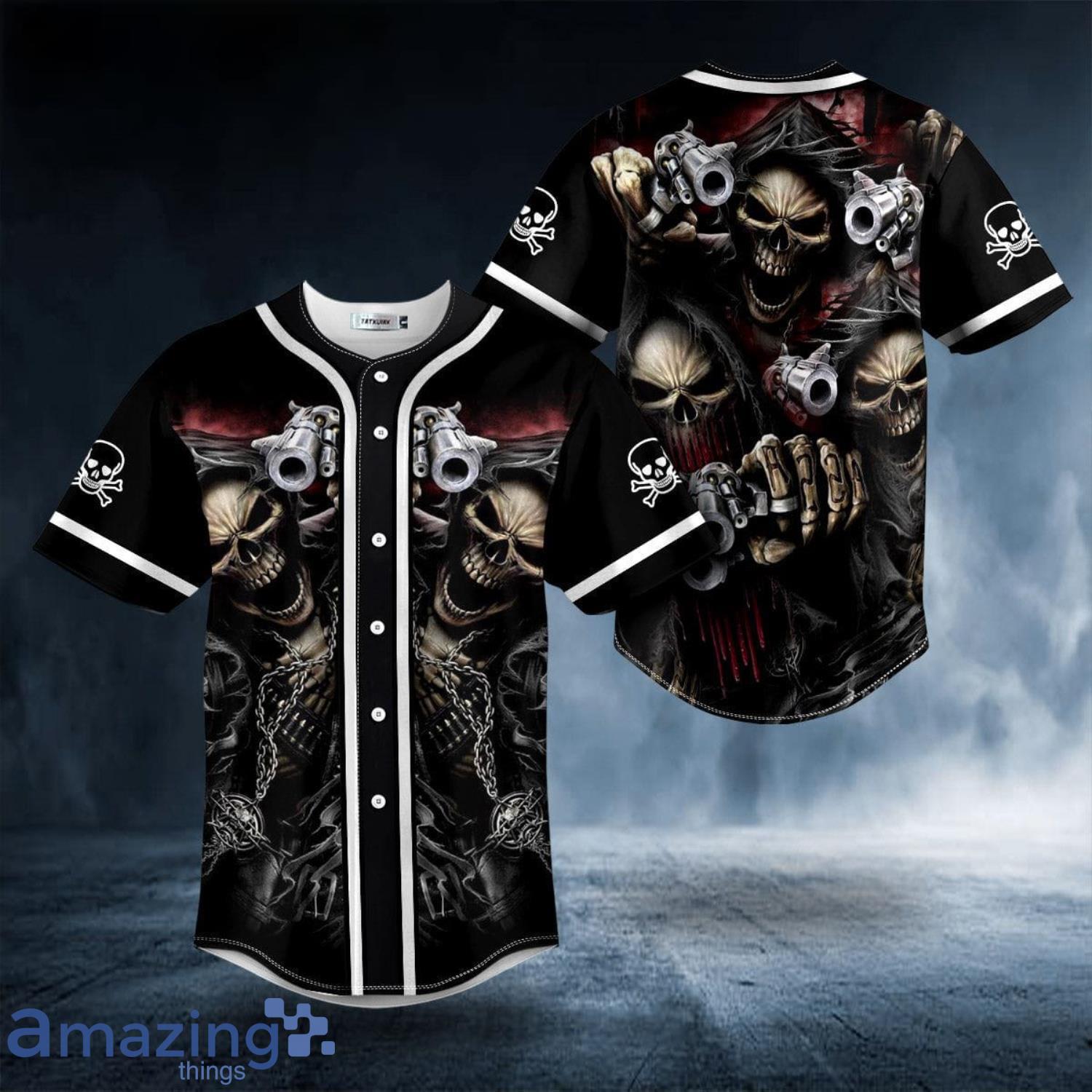 Grim Reaper Fire Gun Skull All Over Print Baseball Jersey Shirt Product Photo 1