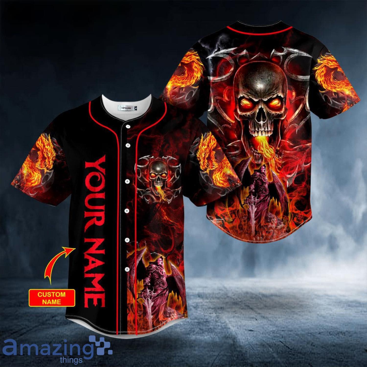 Grim Reaper Fire Metal Skull Custom Name All Over Print Baseball Jersey Shirt Product Photo 1