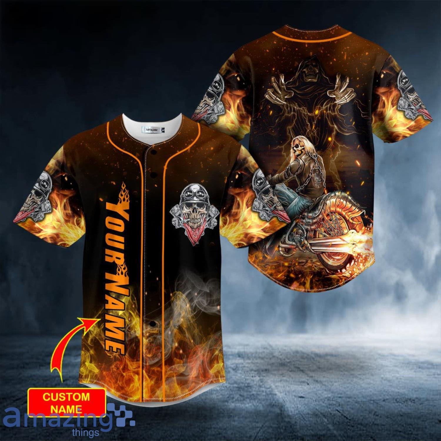 Grim Reaper Ghost Racer Fire Skull Custom Name All Over Print Baseball Jersey Shirt Product Photo 1