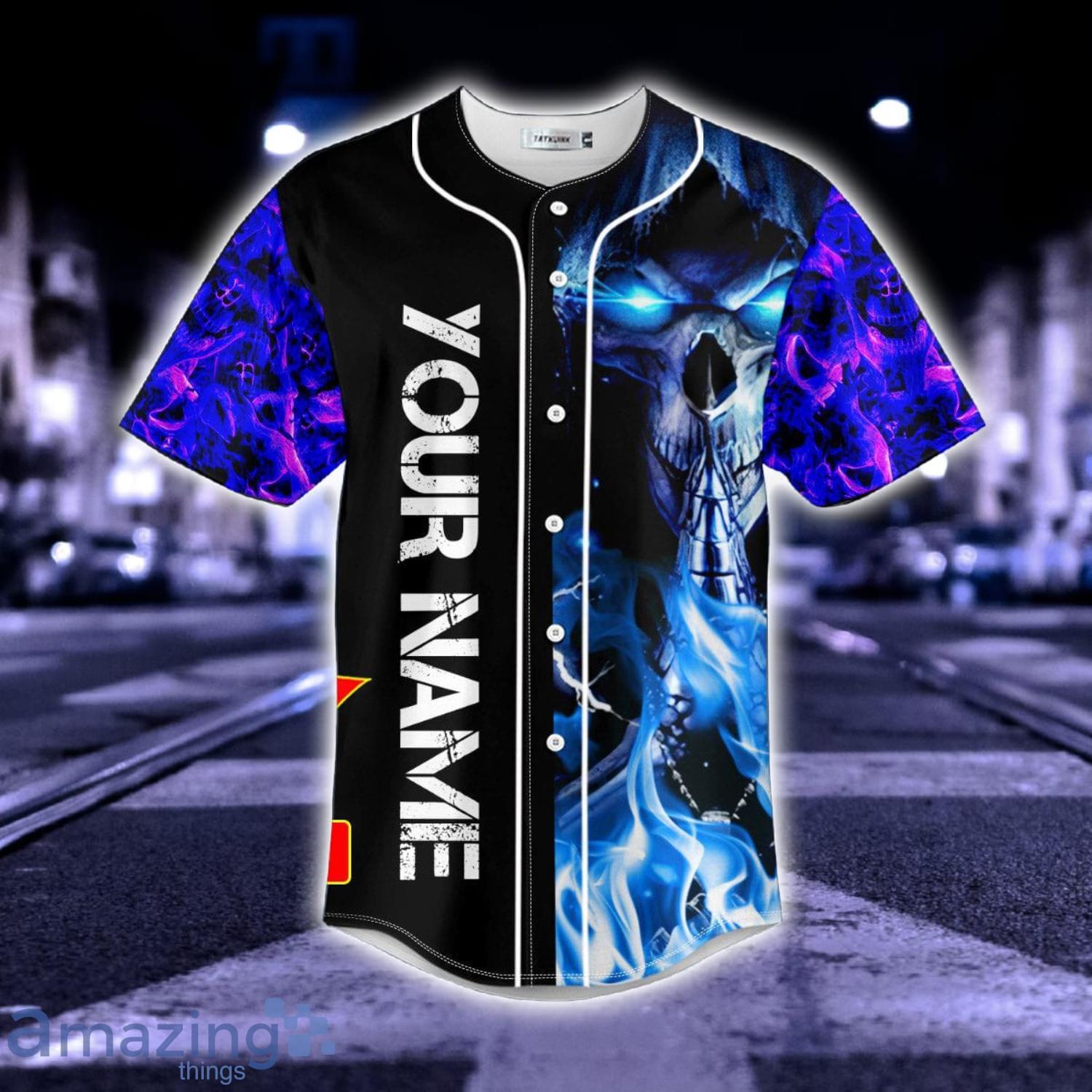 Grim Reaper Prayer Blue Fire Custom Name All Over Print Baseball Jersey  Shirt