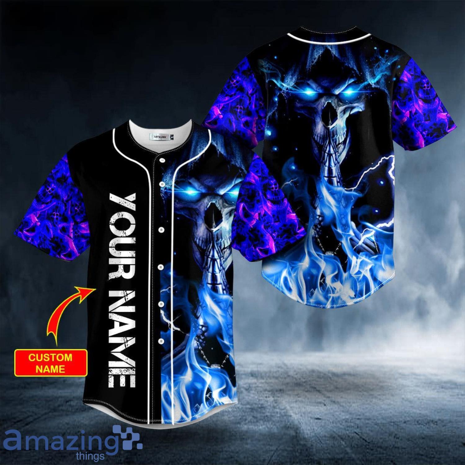 Grim Reaper Prayer Blue Fire Custom Name All Over Print Baseball Jersey  Shirt